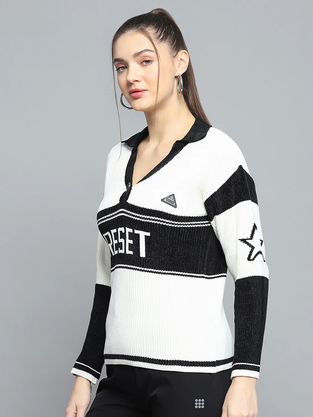 Rock.it Women White Printed Collar Full Sleeve Pullover - Image 3