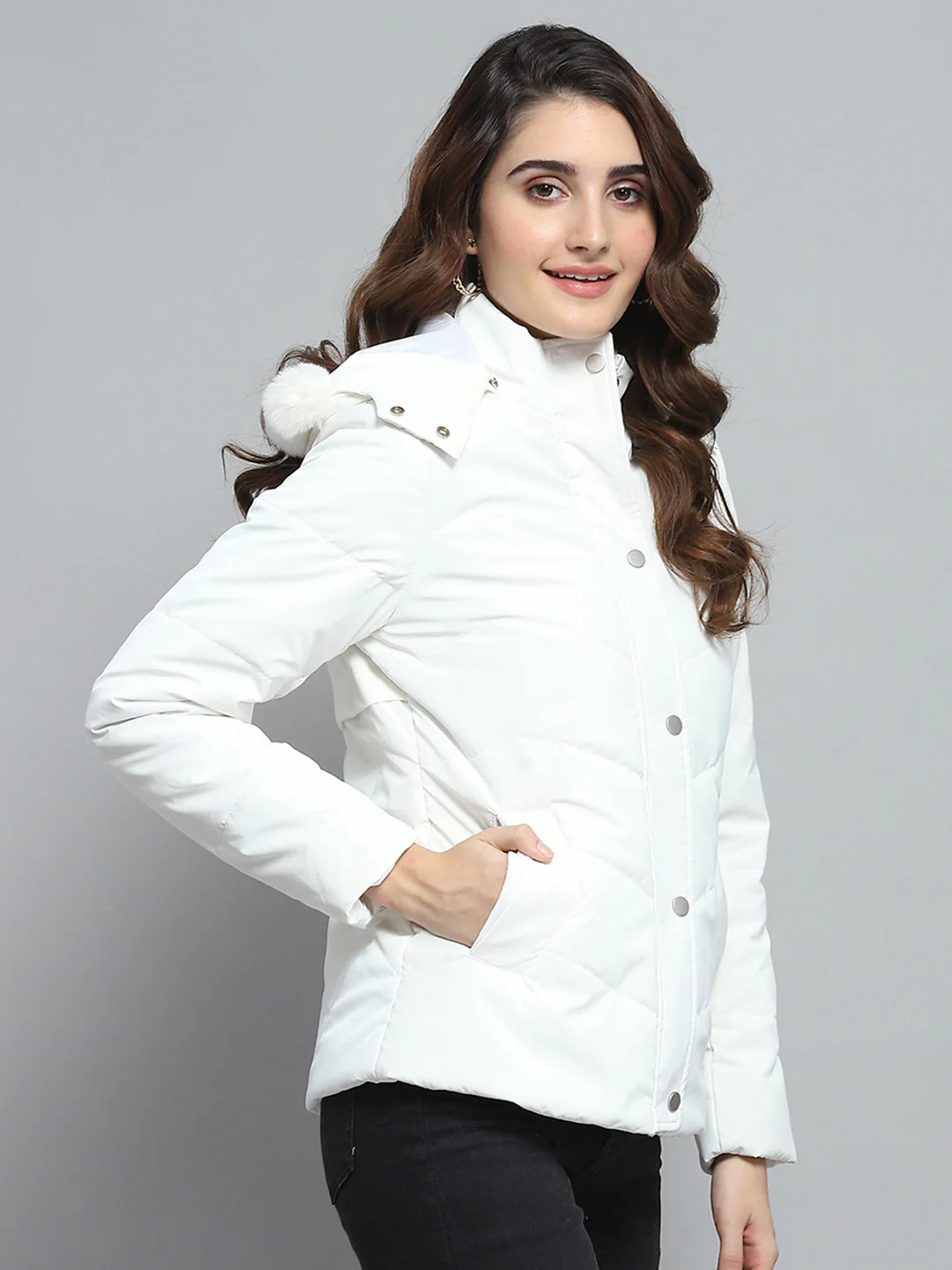 Women White Printed Detachable Hood Full Sleeve Jacket - Image 4