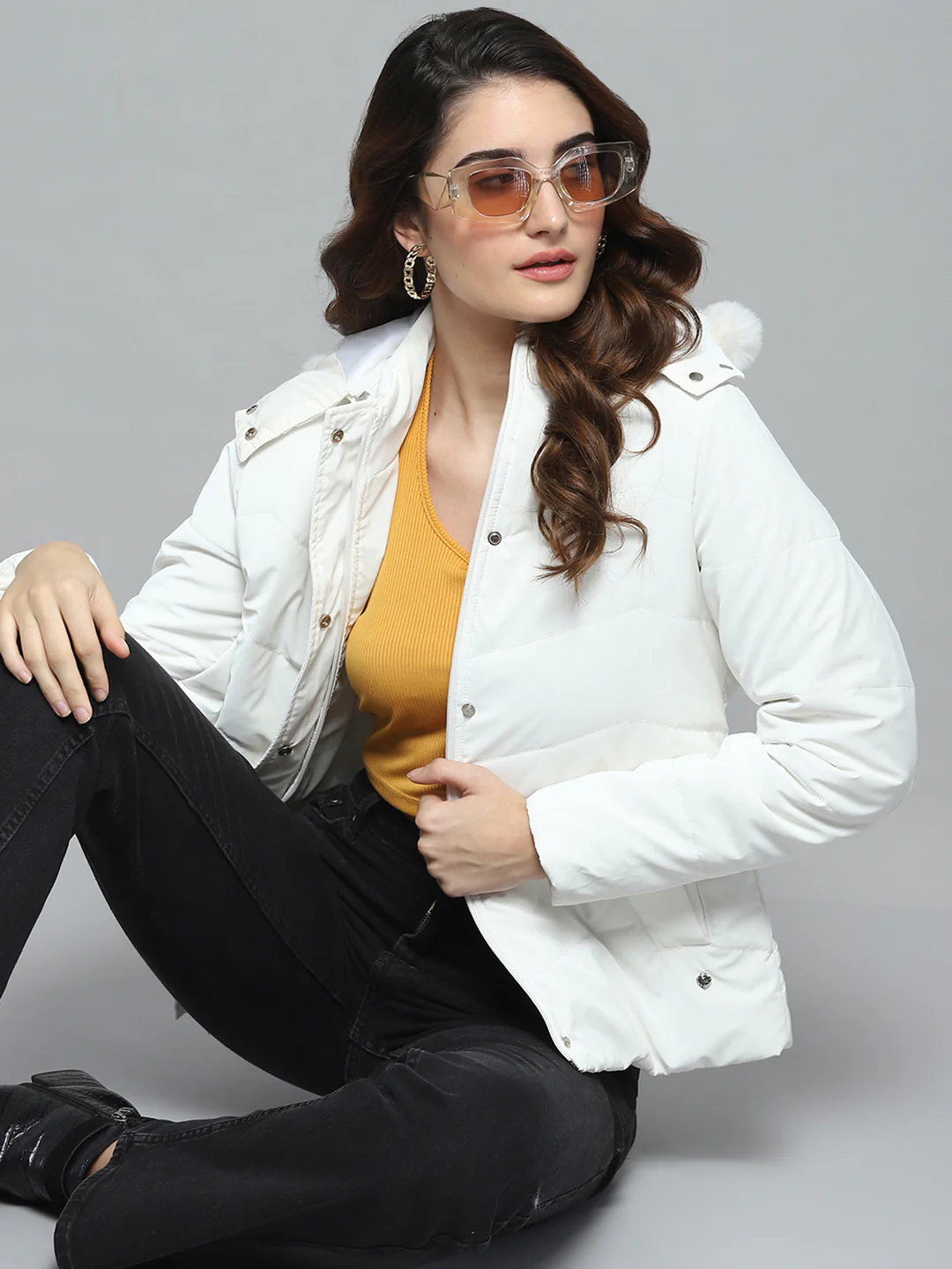 Women White Printed Detachable Hood Full Sleeve Jacket - Image 6