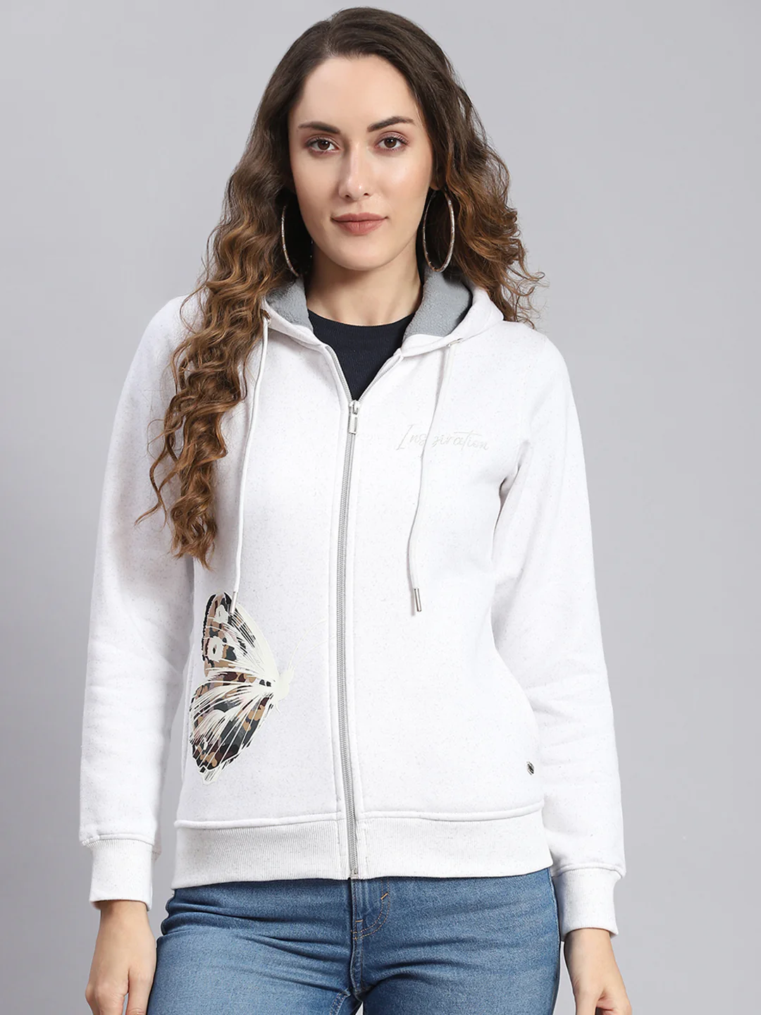 Women White Printed Hooded Full Sleeve Sweatshirts - Image 2