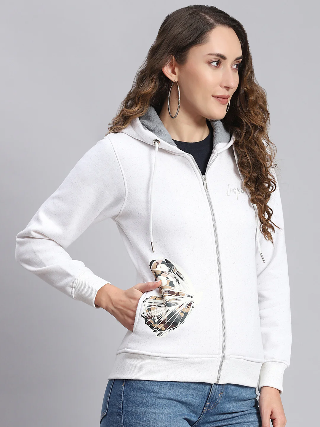 Women White Printed Hooded Full Sleeve Sweatshirts - Image 4