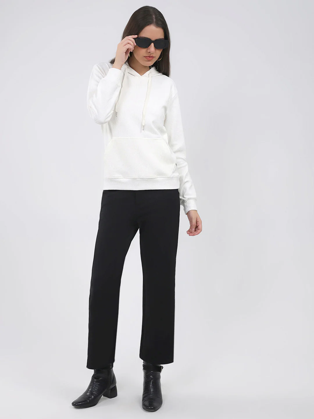 Women White Printed Hooded Full Sleeve Winter Top - Image 2
