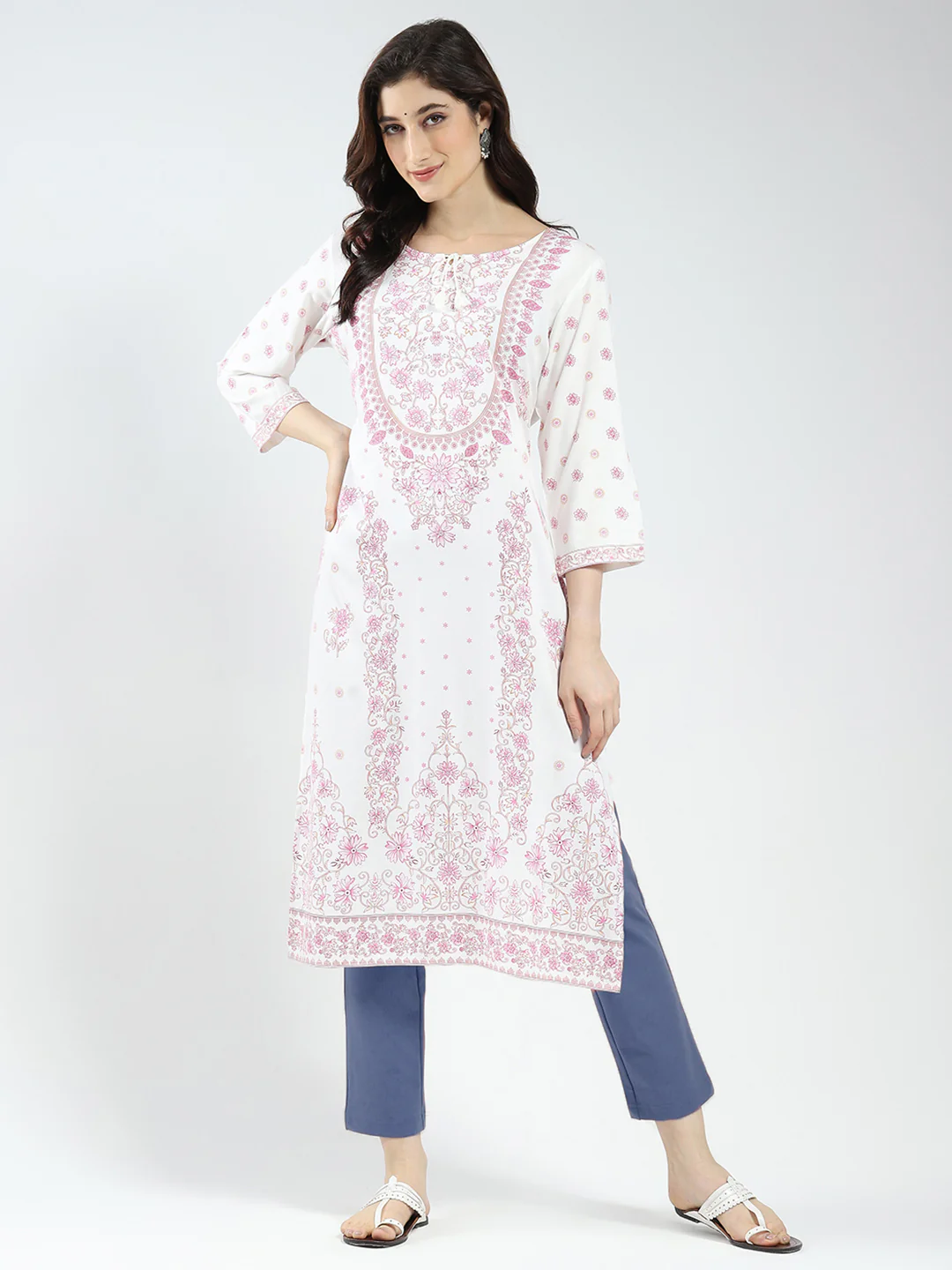 Women White Printed Round Neck 3/4th Sleeve Kurti - Image 3