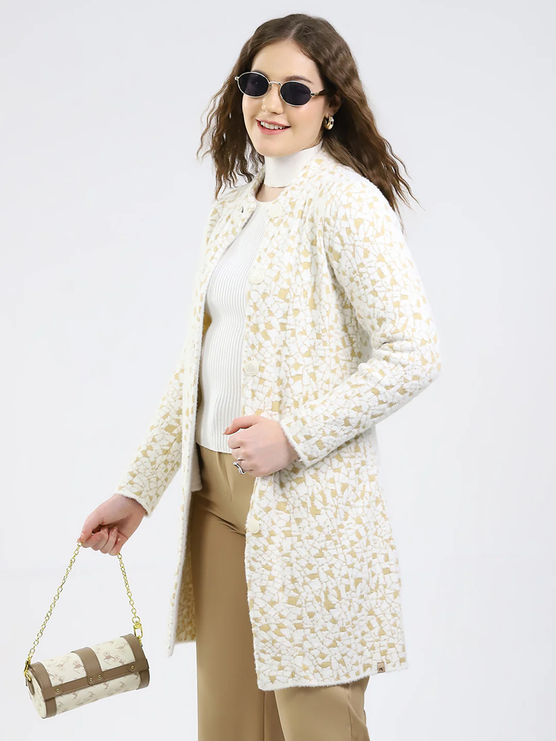 Women White Printed Round Neck Full Sleeve Knitted Coat - Image 6