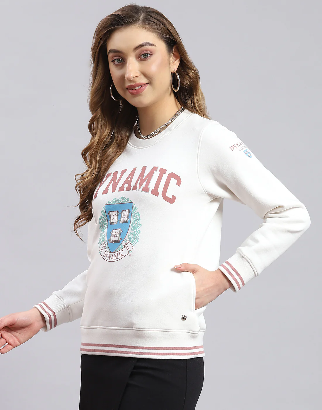 Women White Printed Round Neck Full Sleeve Sweatshirt - Image 3