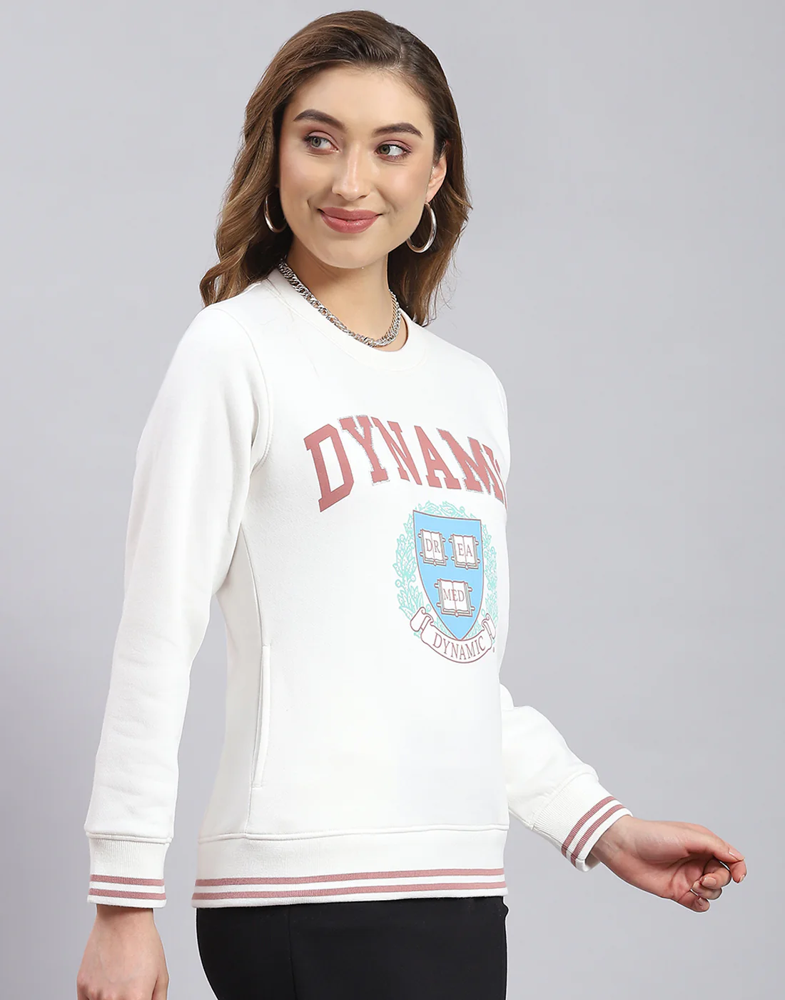 Women White Printed Round Neck Full Sleeve Sweatshirt - Image 4