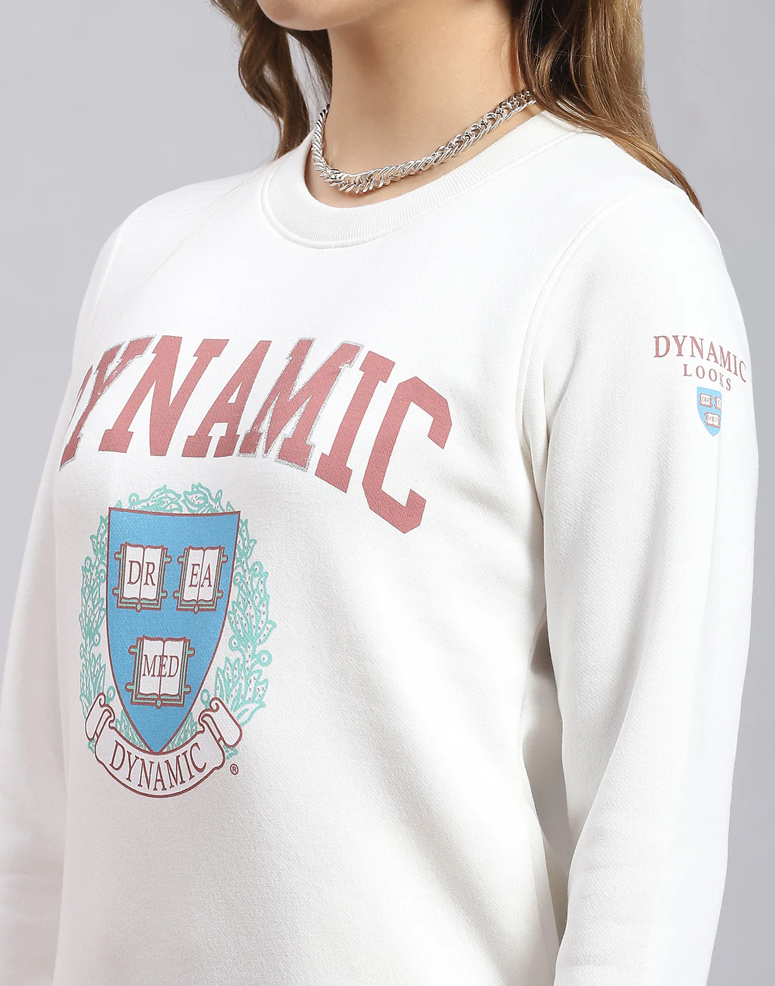 Women White Printed Round Neck Full Sleeve Sweatshirt - Image 7