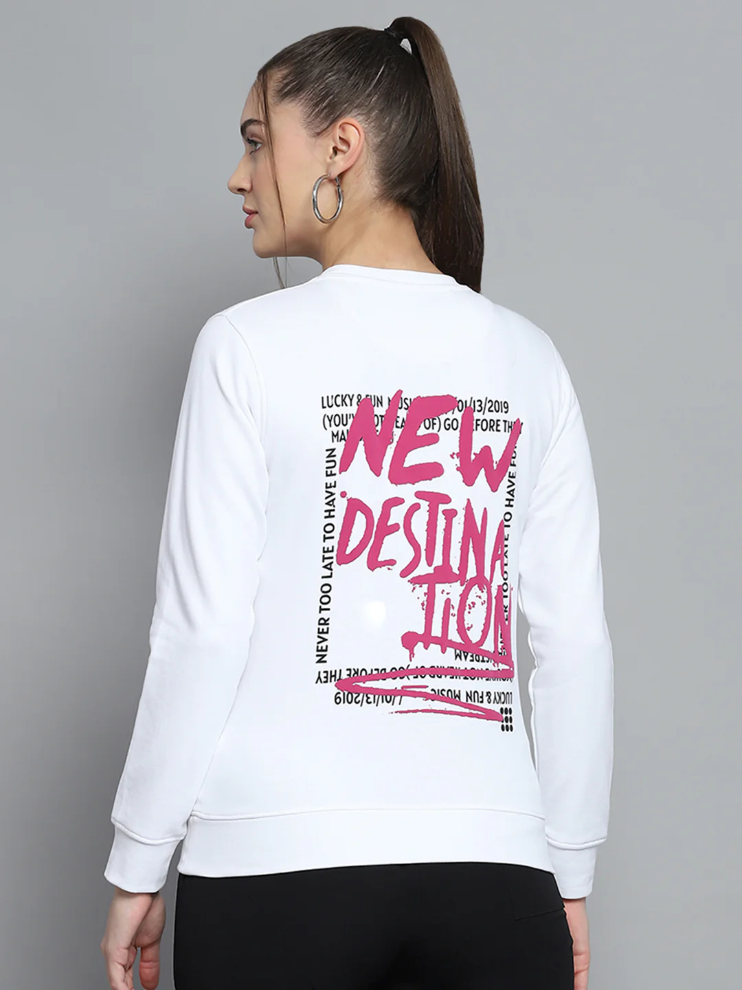 Rock.it Women White Printed Round Neck Full Sleeve Sweatshirt - Image 5