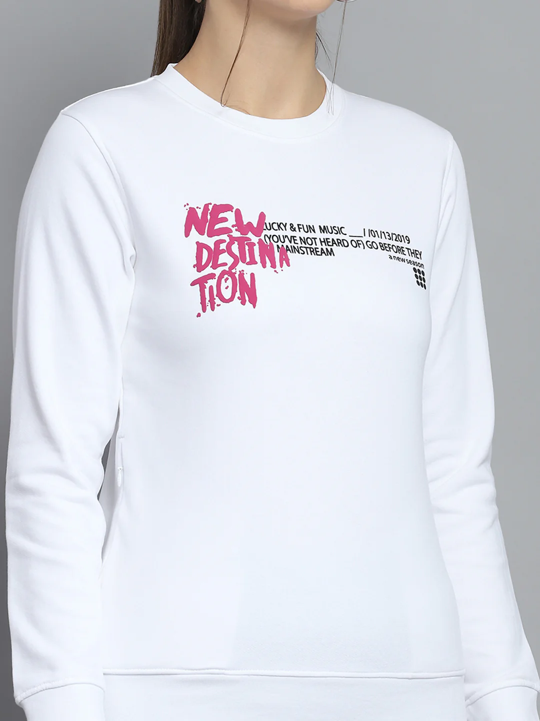 Rock.it Women White Printed Round Neck Full Sleeve Sweatshirt - Image 7