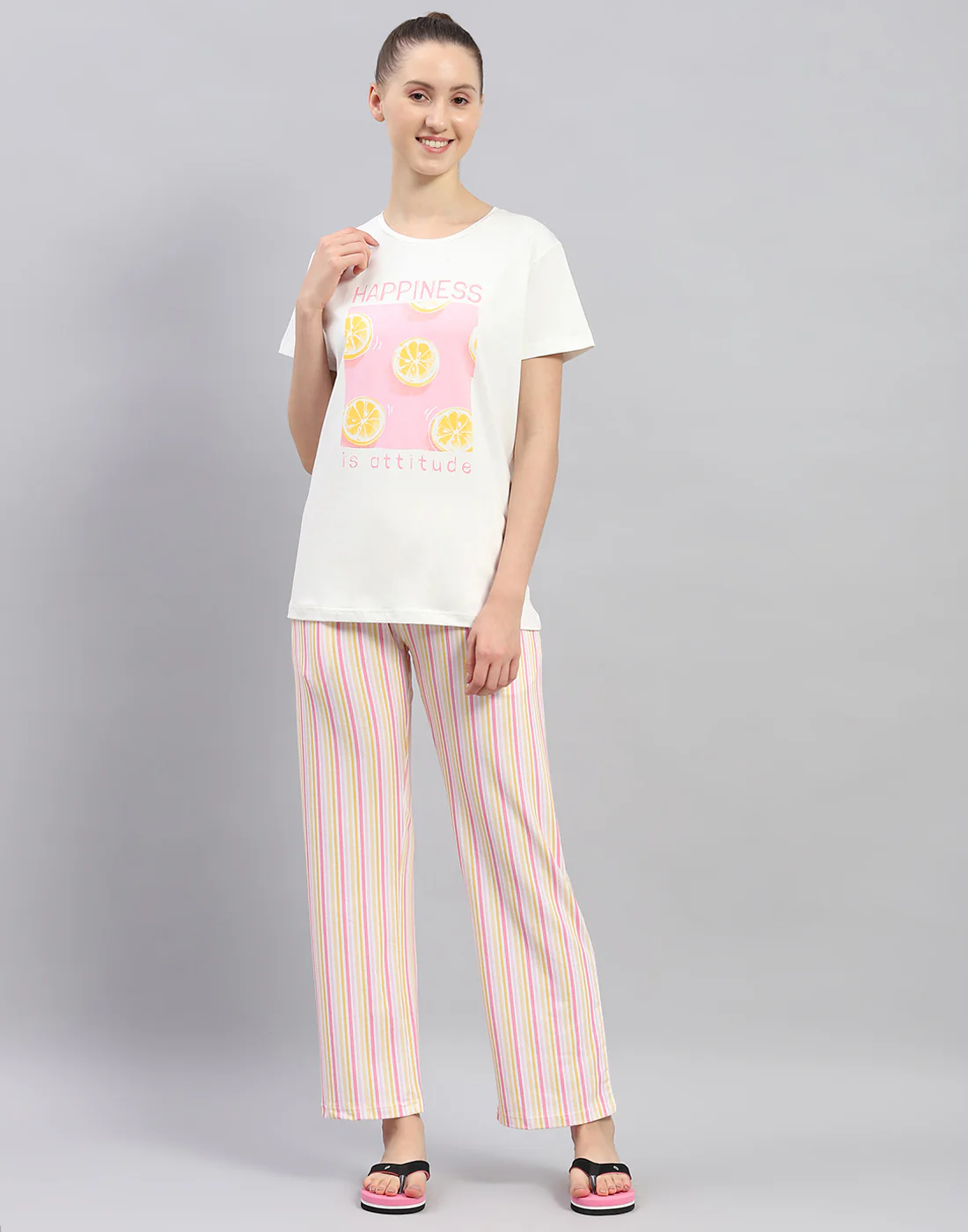 Women White Printed Round Neck Half Sleeve Lower Set - Image 2