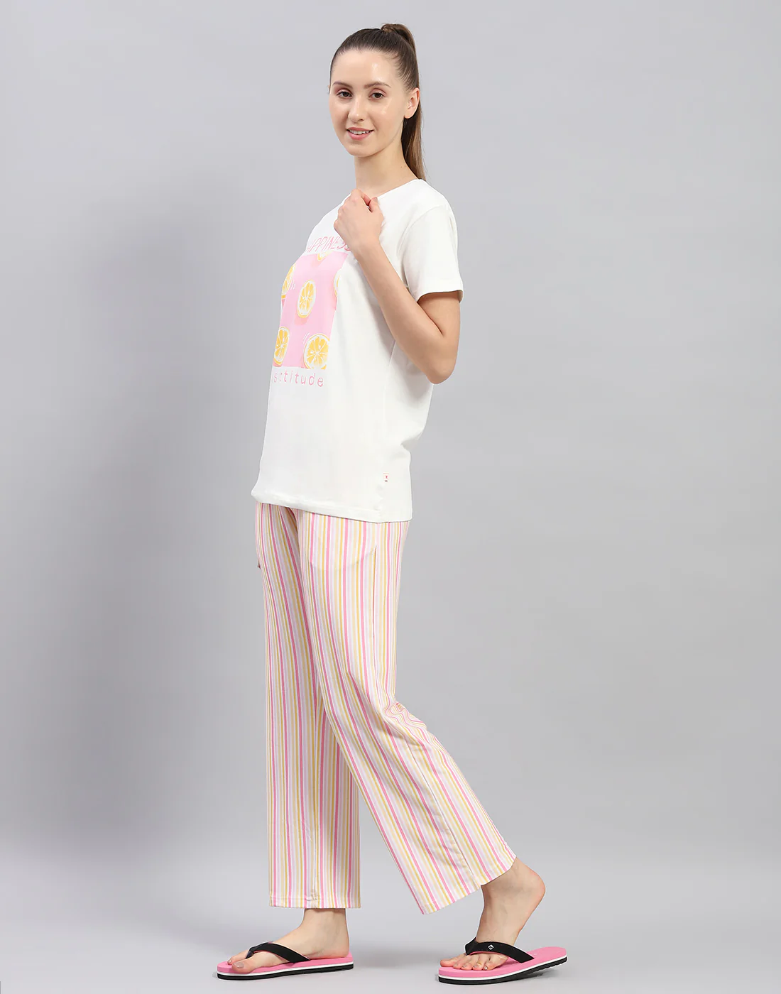 Women White Printed Round Neck Half Sleeve Lower Set - Image 3