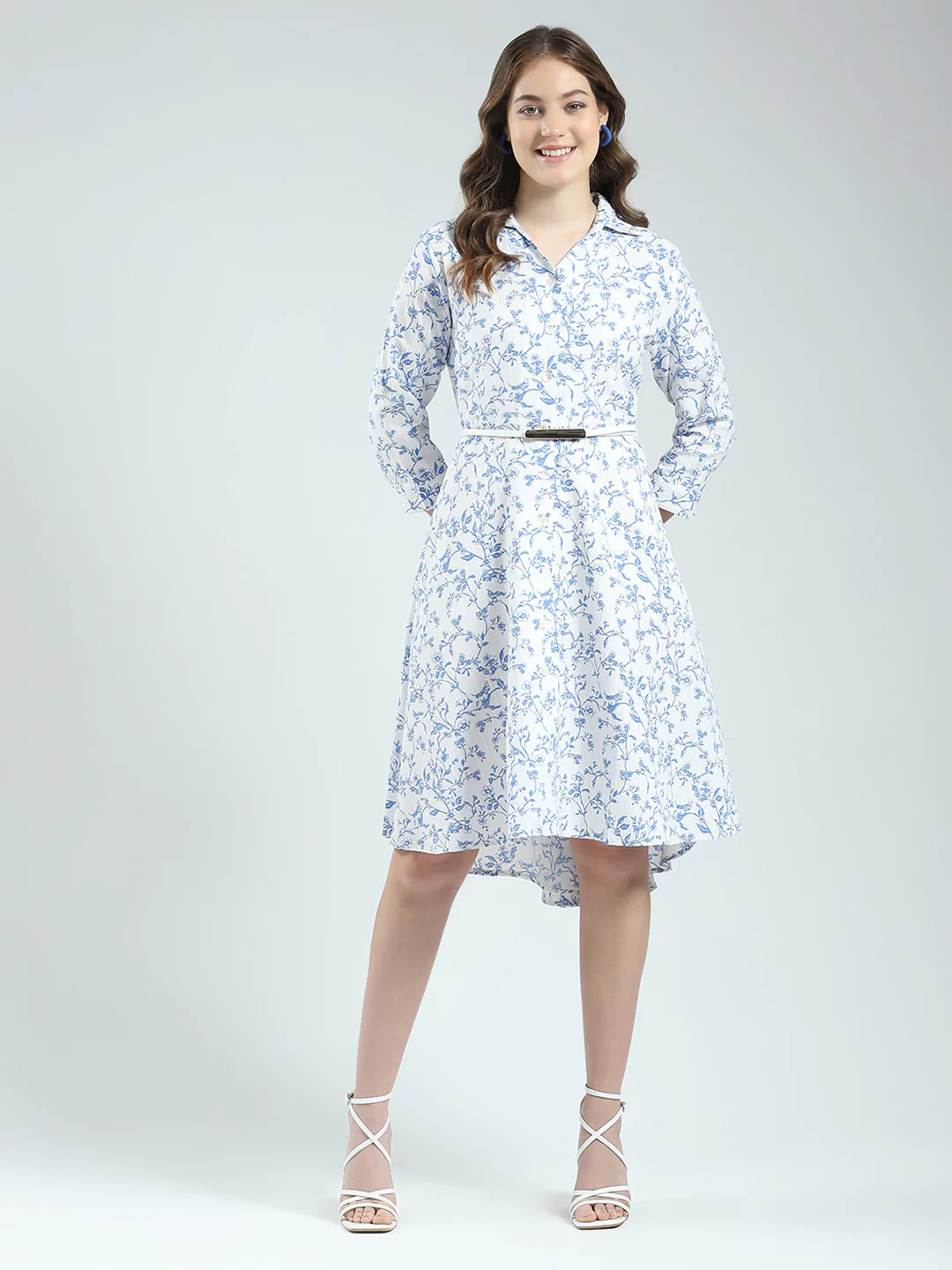 Women White Printed Round Neck 3/4th Sleeve Dress - Image 3