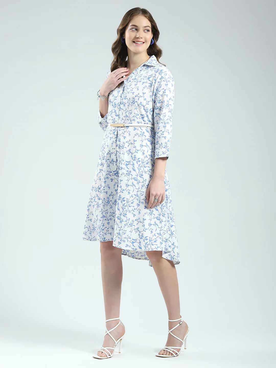 Women White Printed Round Neck 3/4th Sleeve Dress - Image 4