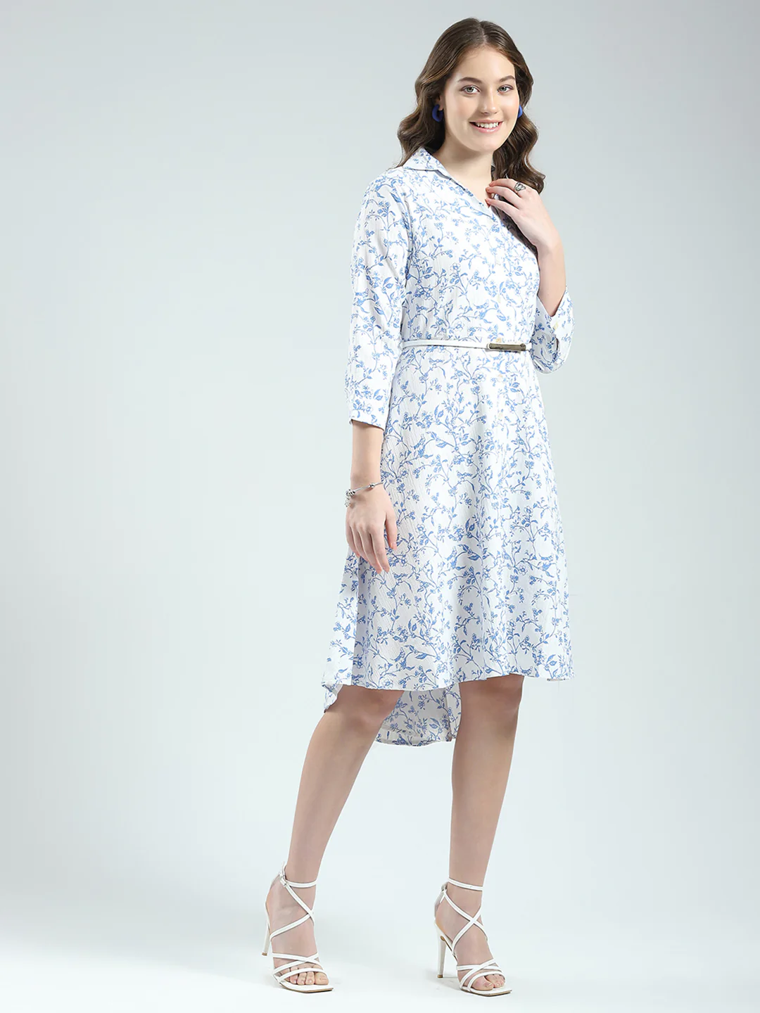 Women White Printed Round Neck 3/4th Sleeve Dress - Image 5