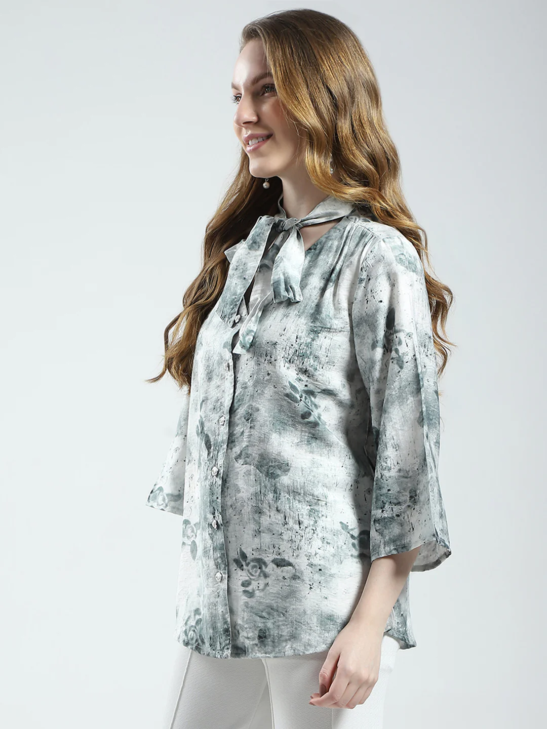 Women White Printed V Neck 3/4th Sleeve Top - Image 3