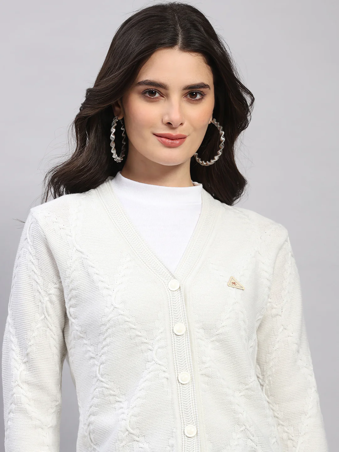 Women White Printed V Neck Full Sleeve Cardigan - Image 7