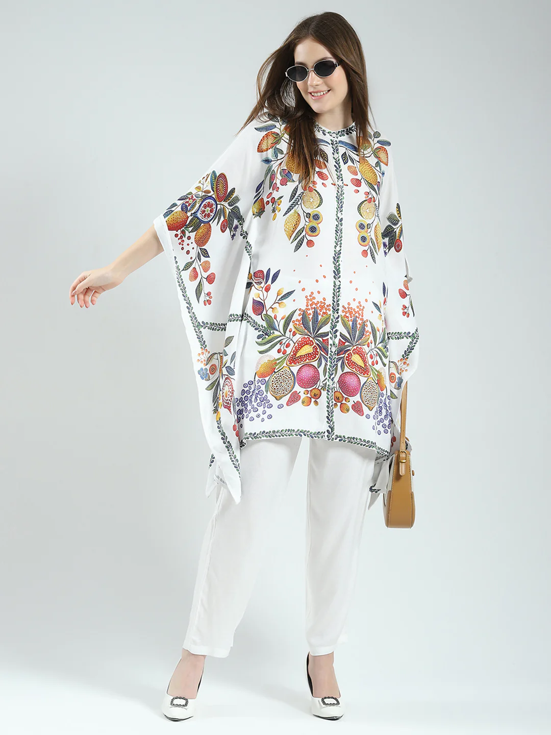 Women White Printed Round Neck Half Sleeve Cords Set - Image 2