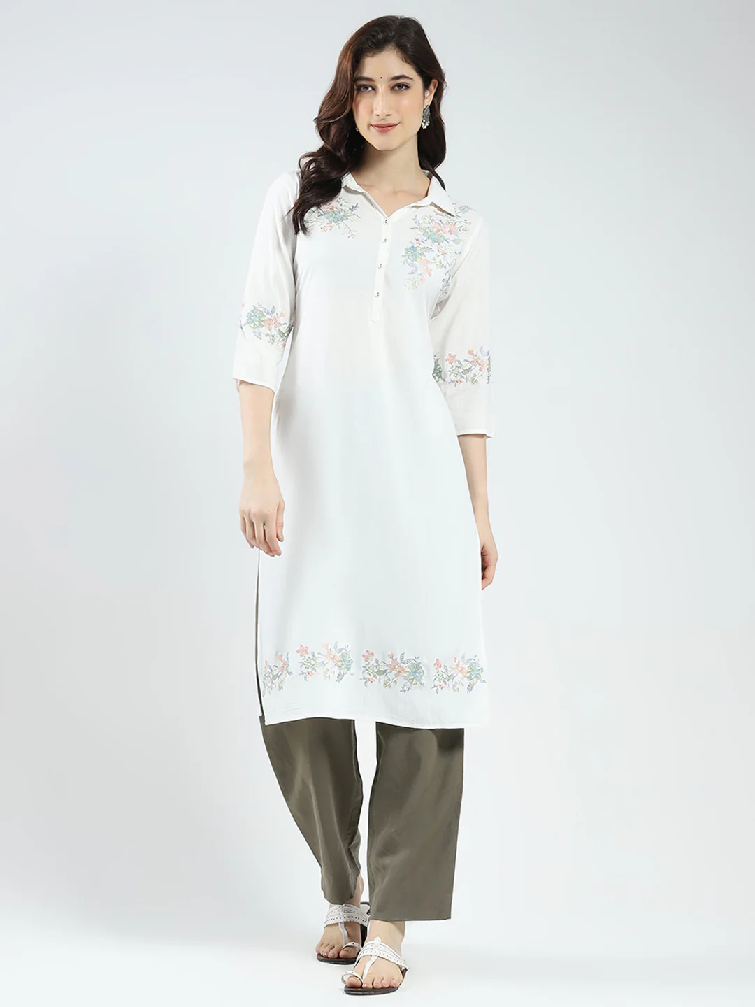 Women White Self Design Collar 3/4th Sleeve Kurti - Image 3