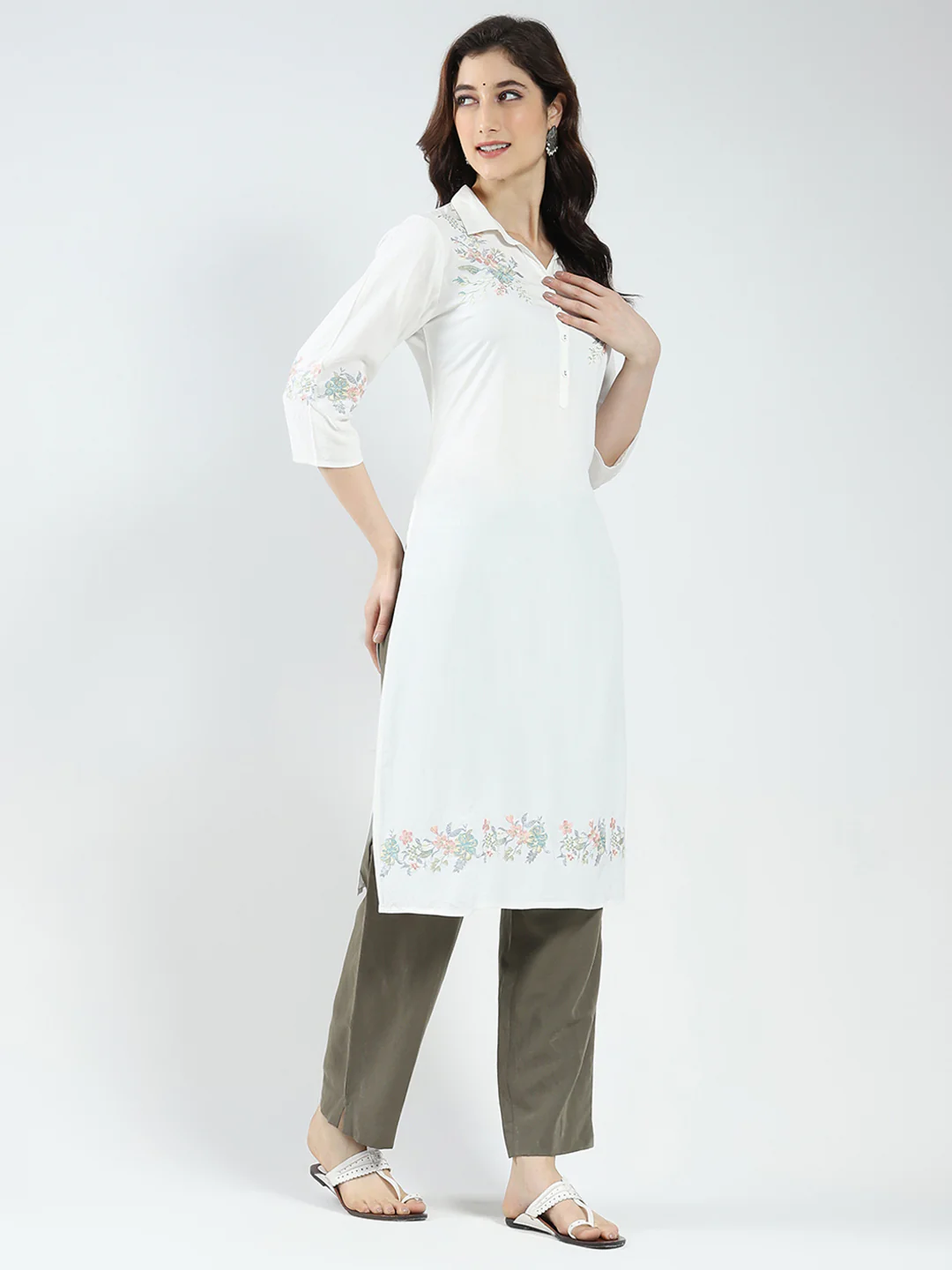Women White Self Design Collar 3/4th Sleeve Kurti - Image 5