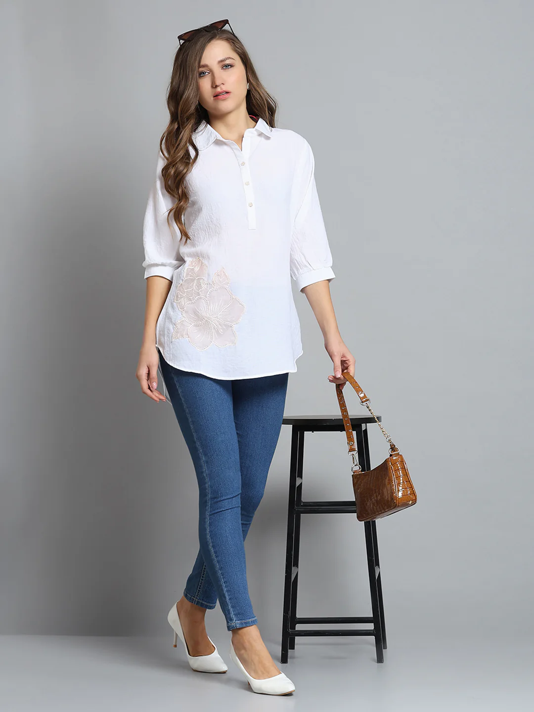Women White Self Design Collar 3/4th Sleeve Top - Image 2