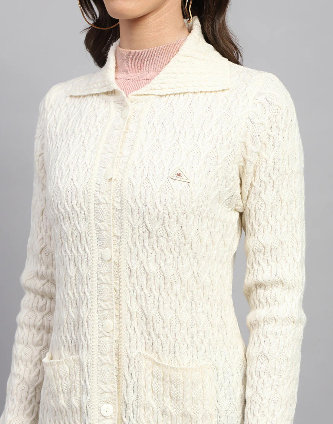 Women White Self Design Collar Full Sleeve Cardigan - Image 7