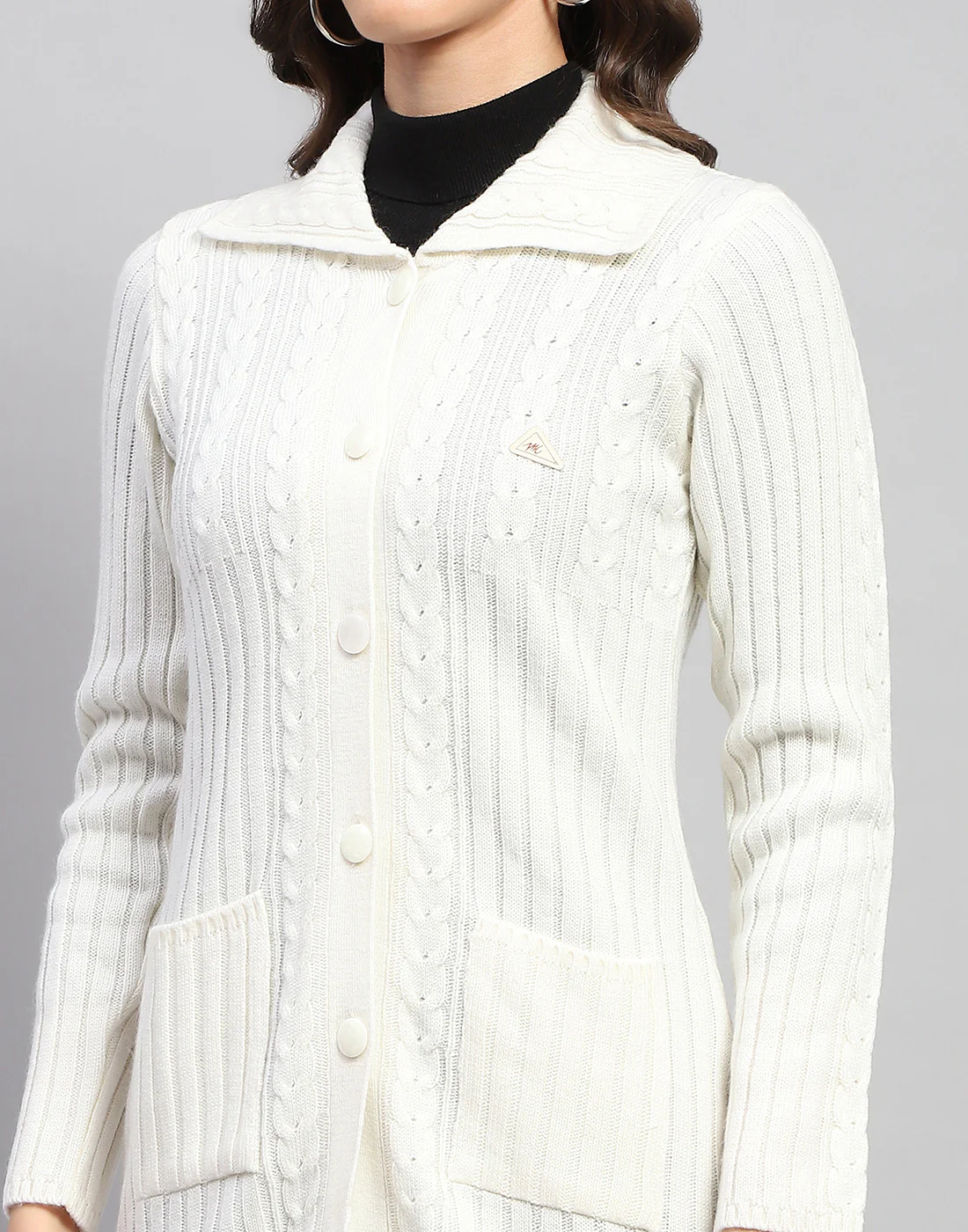 Women White Self Design Collar Full Sleeve Cardigan - Image 6