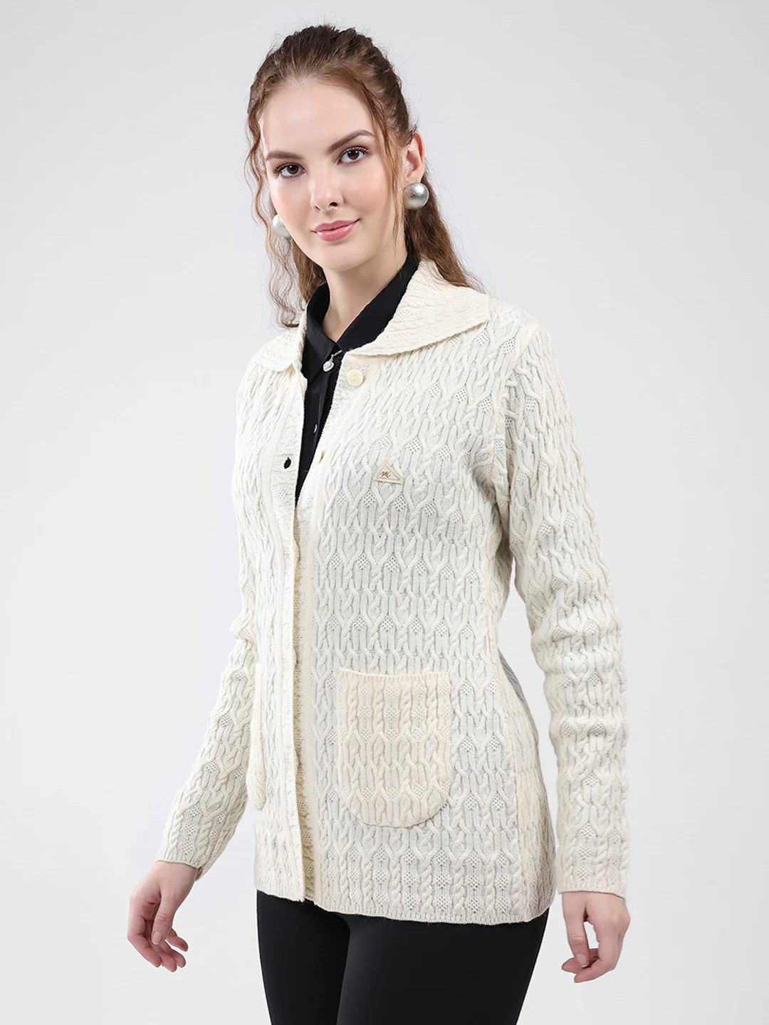 Women White Self Design Collar Full Sleeve Cardigan - Image 3