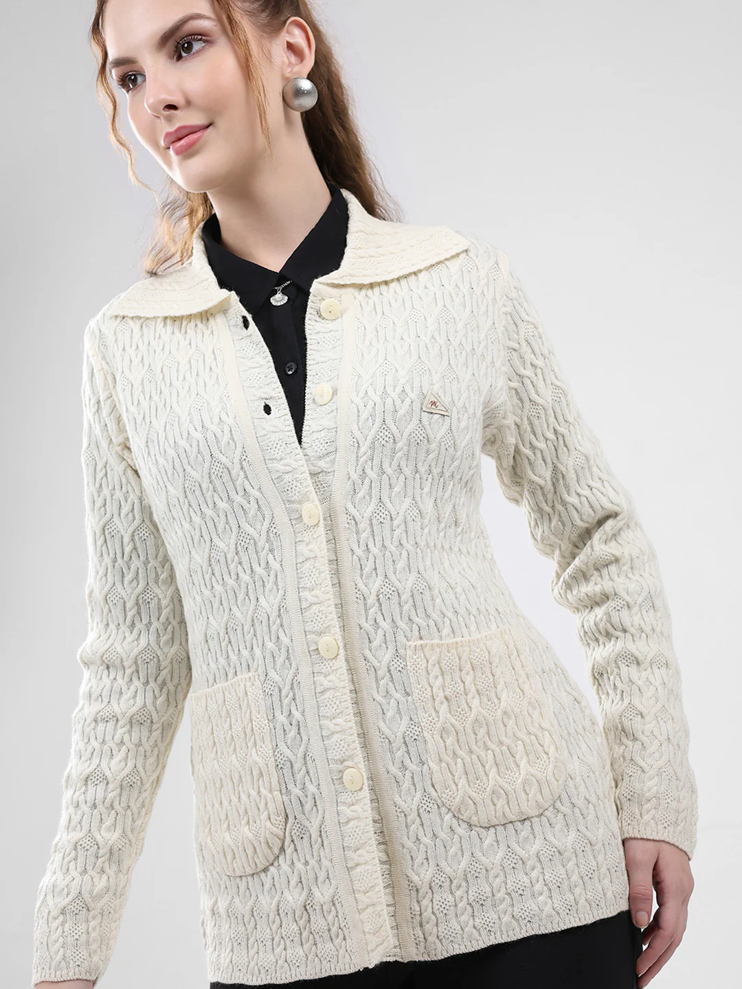Women White Self Design Collar Full Sleeve Cardigan - Image 6