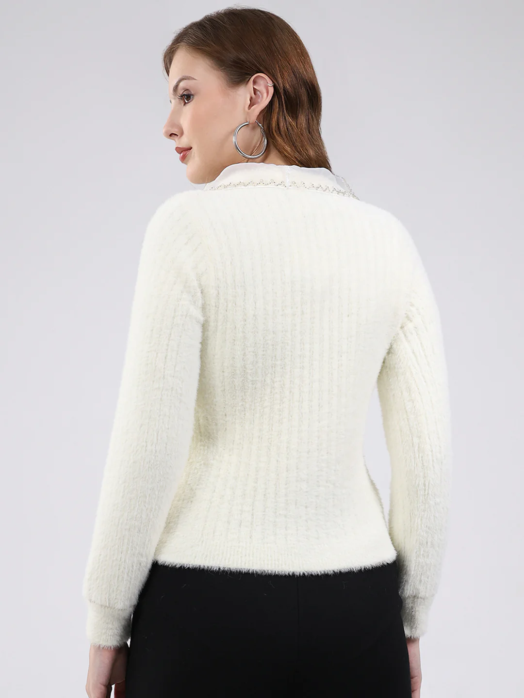 Women White Self Design Collar Full Sleeve Cardigan - Image 5