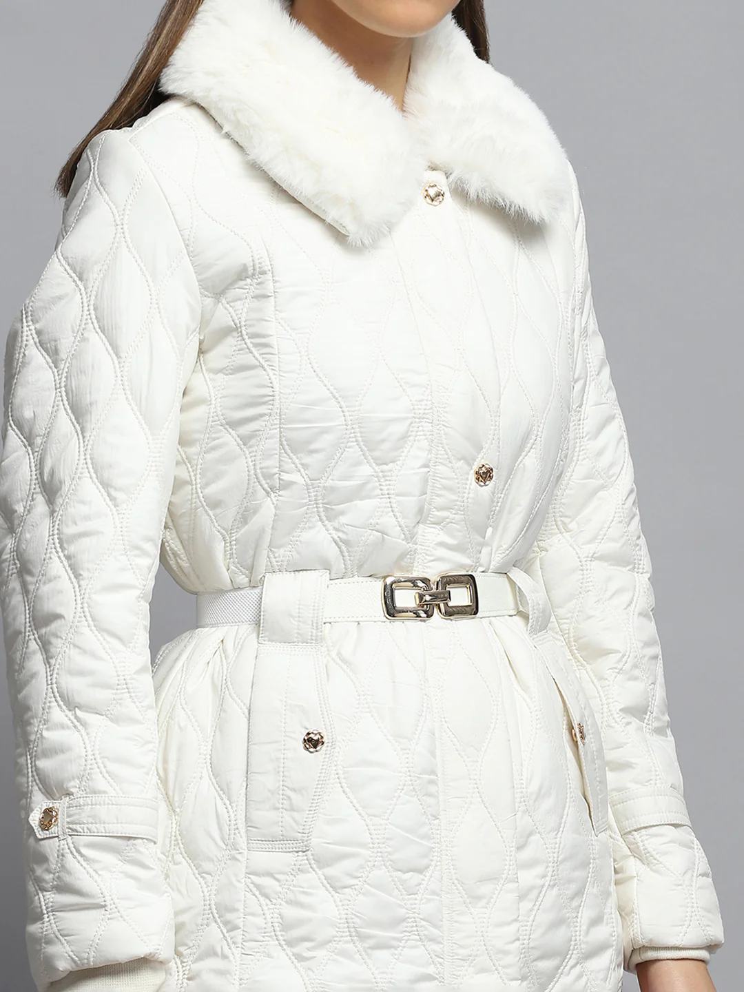Women White Self Design Collar Full Sleeve Jacket - Image 6