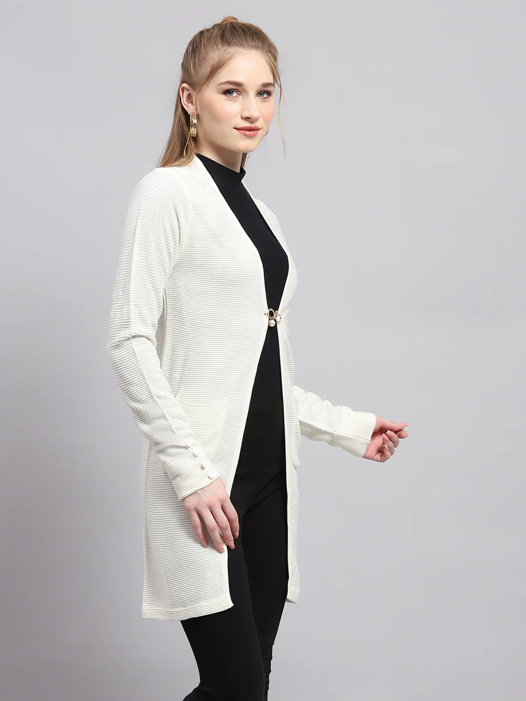 Women White Self Design Front Open Full Sleeve Cardigan - Image 4