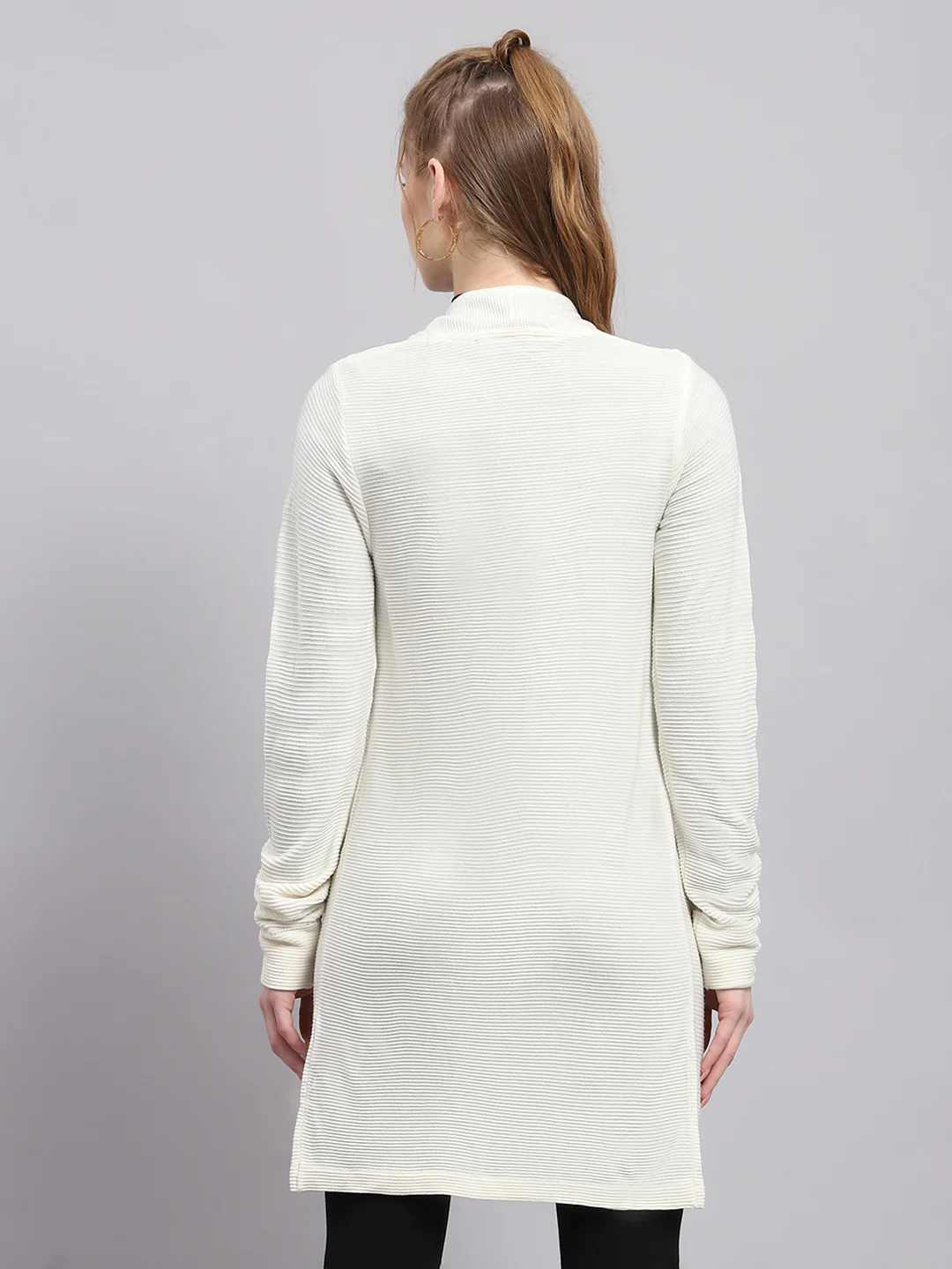 Women White Self Design Front Open Full Sleeve Cardigan - Image 5