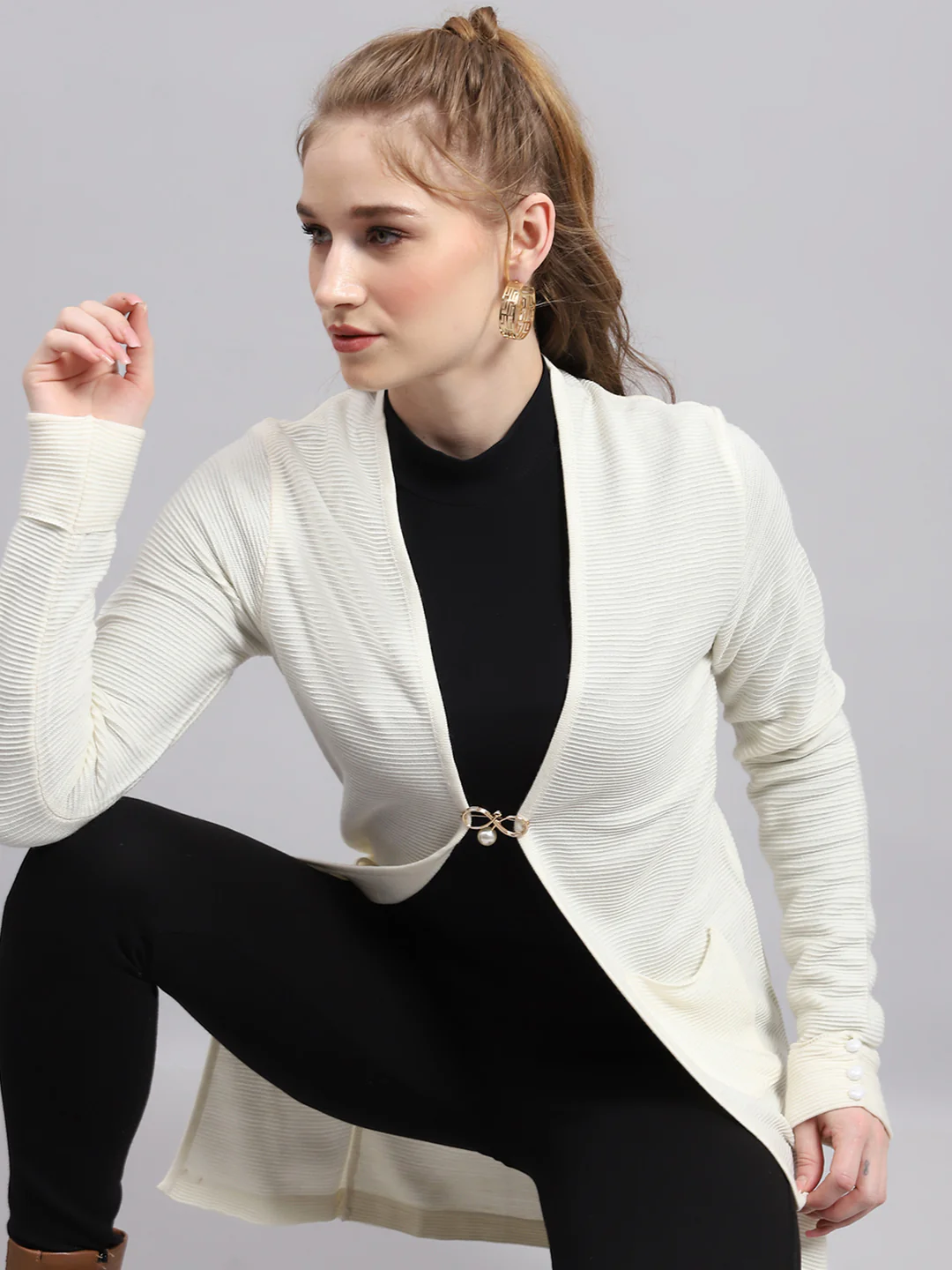 Women White Self Design Front Open Full Sleeve Cardigan - Image 6