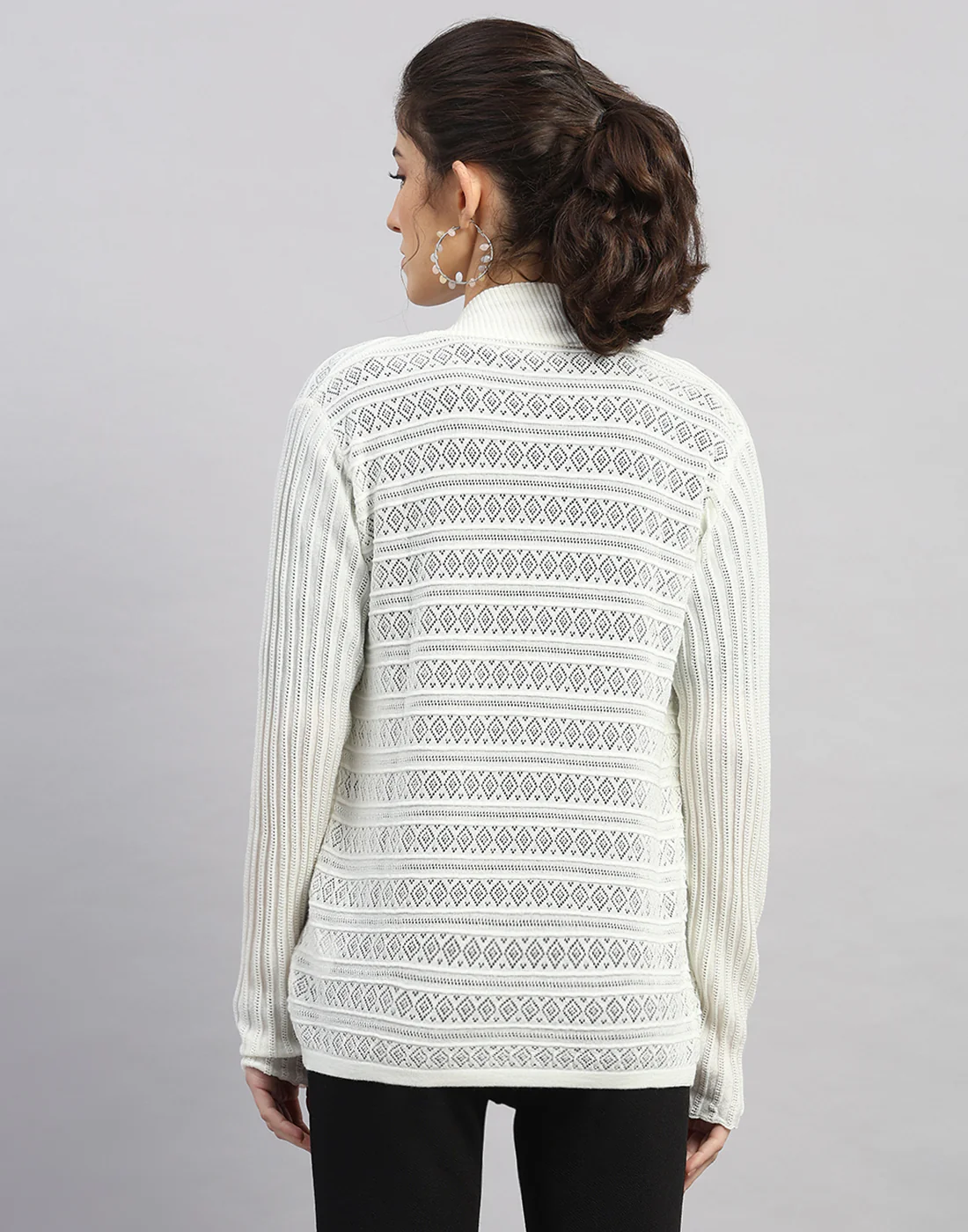 Women White Self Design Front Open Full Sleeve Winter Top - Image 4