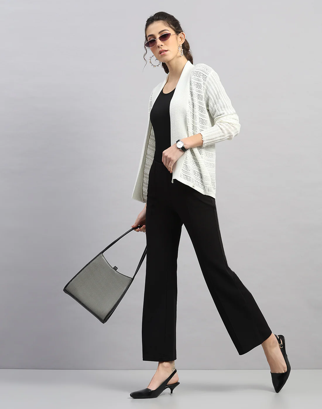 Women White Self Design Front Open Full Sleeve Winter Top - Image 5