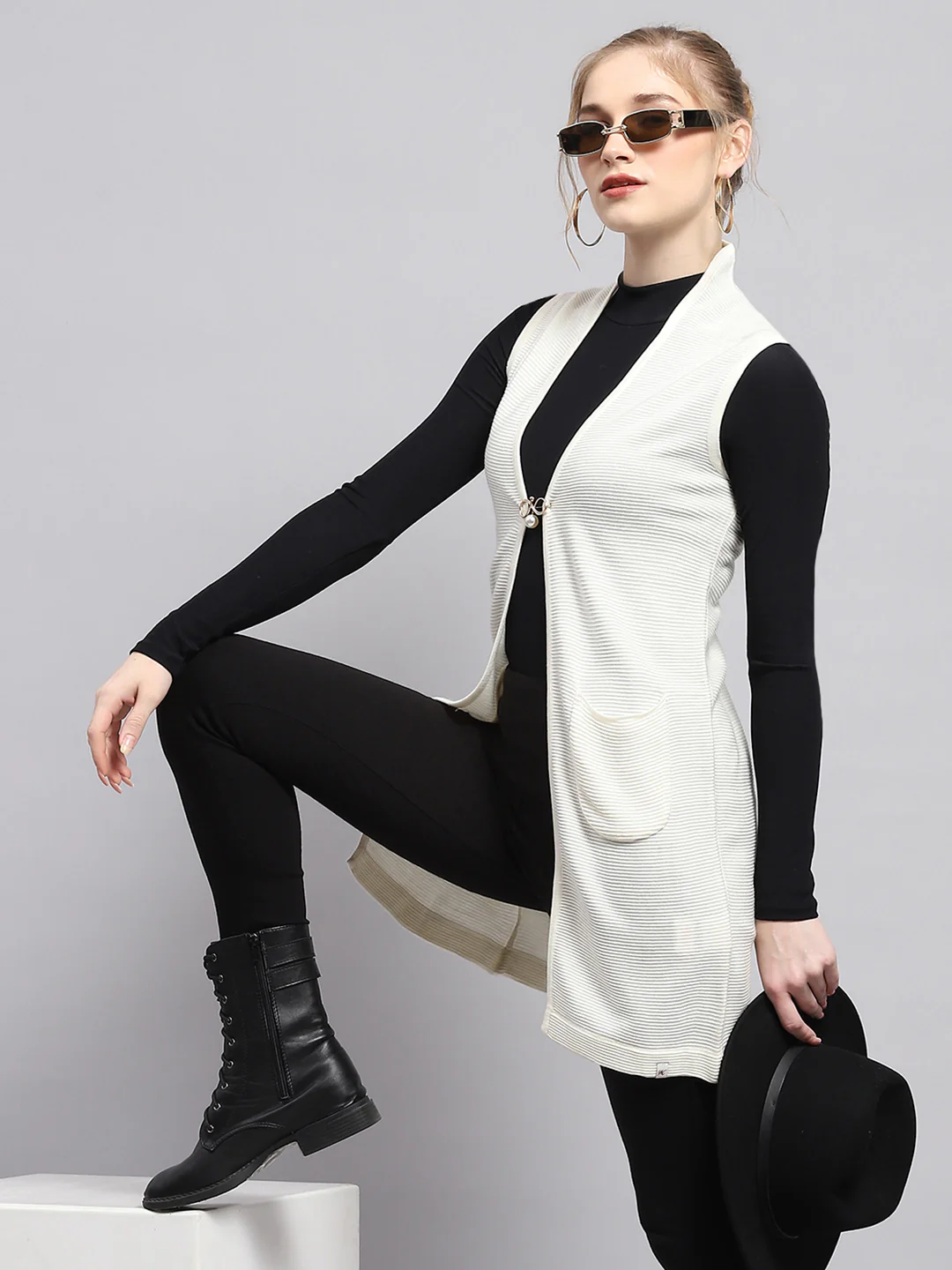 Women White Self Design Front Open Sleeveless Cardigan - Image 6