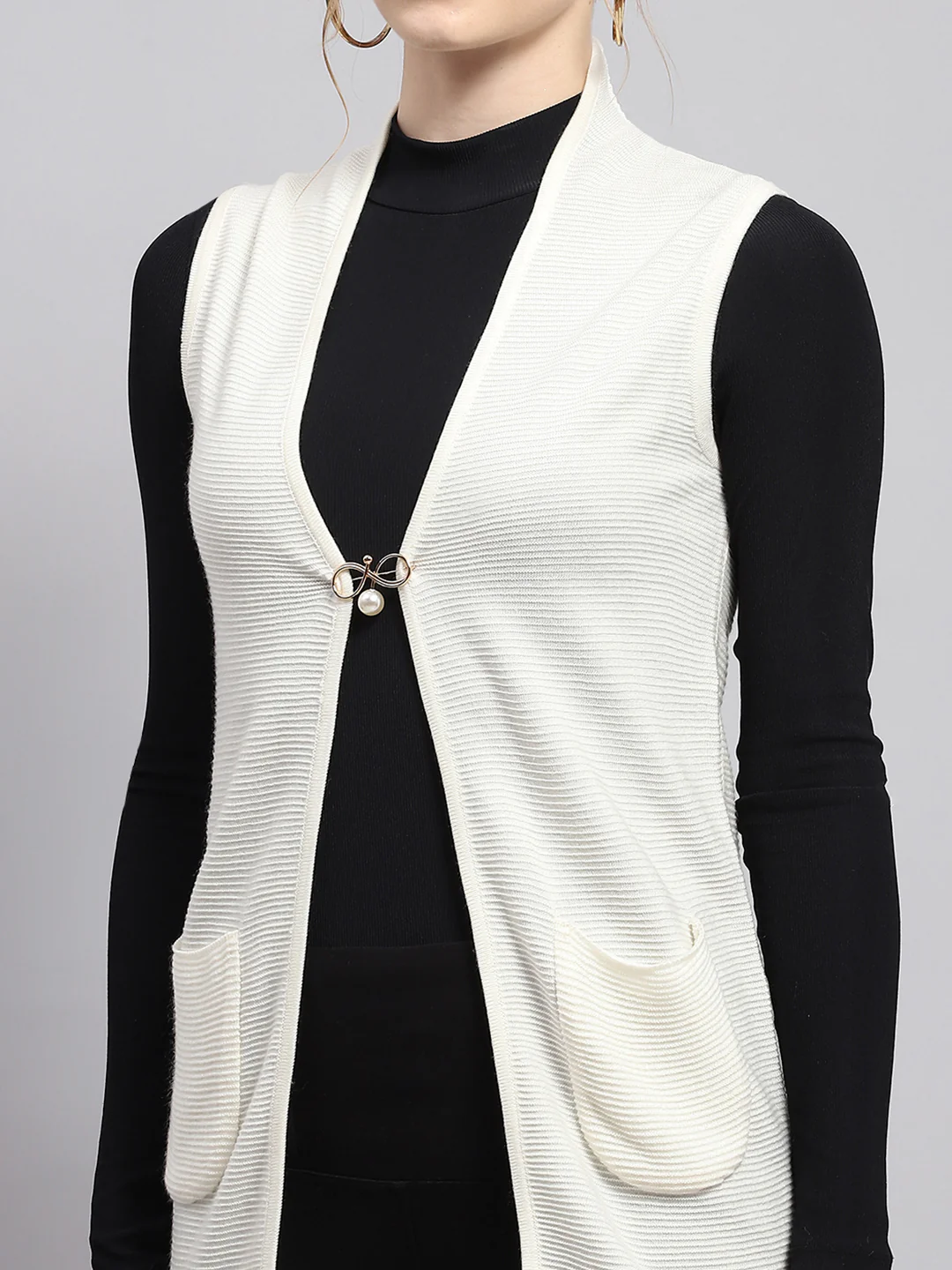 Women White Self Design Front Open Sleeveless Cardigan - Image 7
