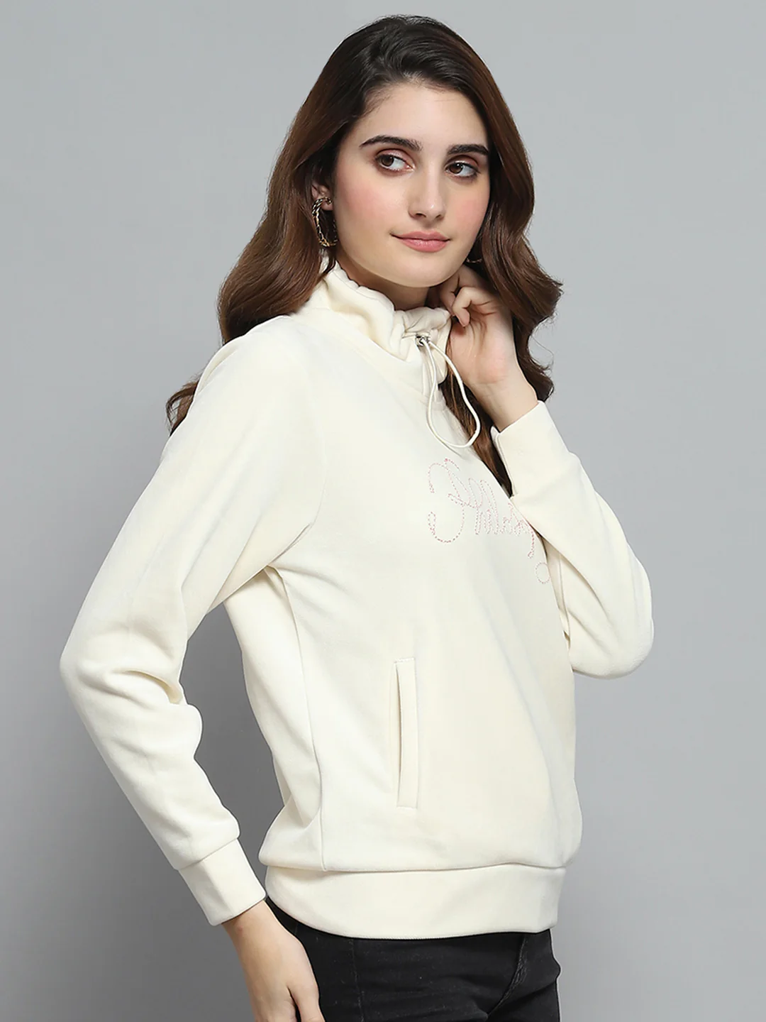 Women White Self Design Mock Neck Full Sleeve Sweatshirt - Image 4