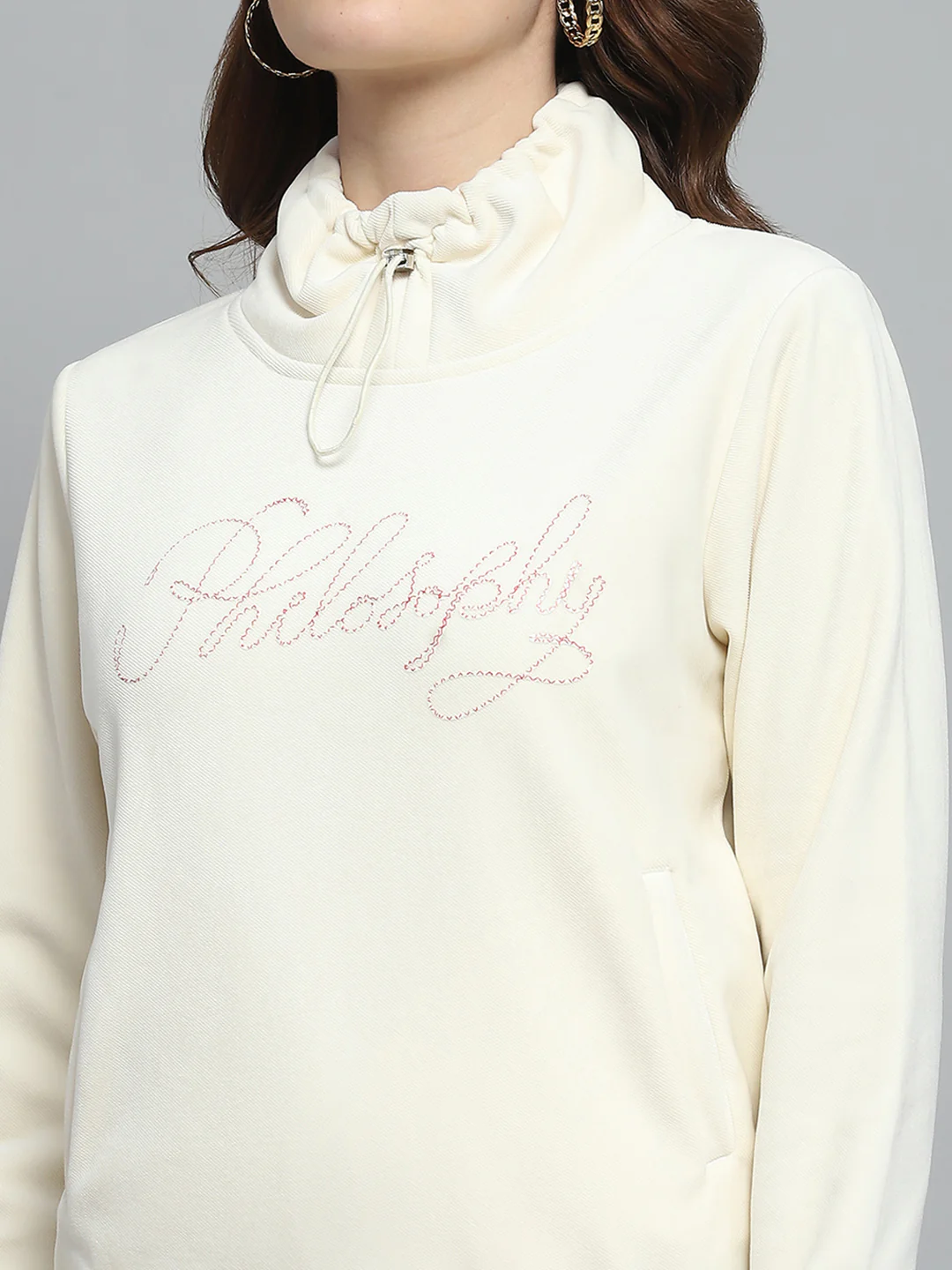 Women White Self Design Mock Neck Full Sleeve Sweatshirt - Image 6