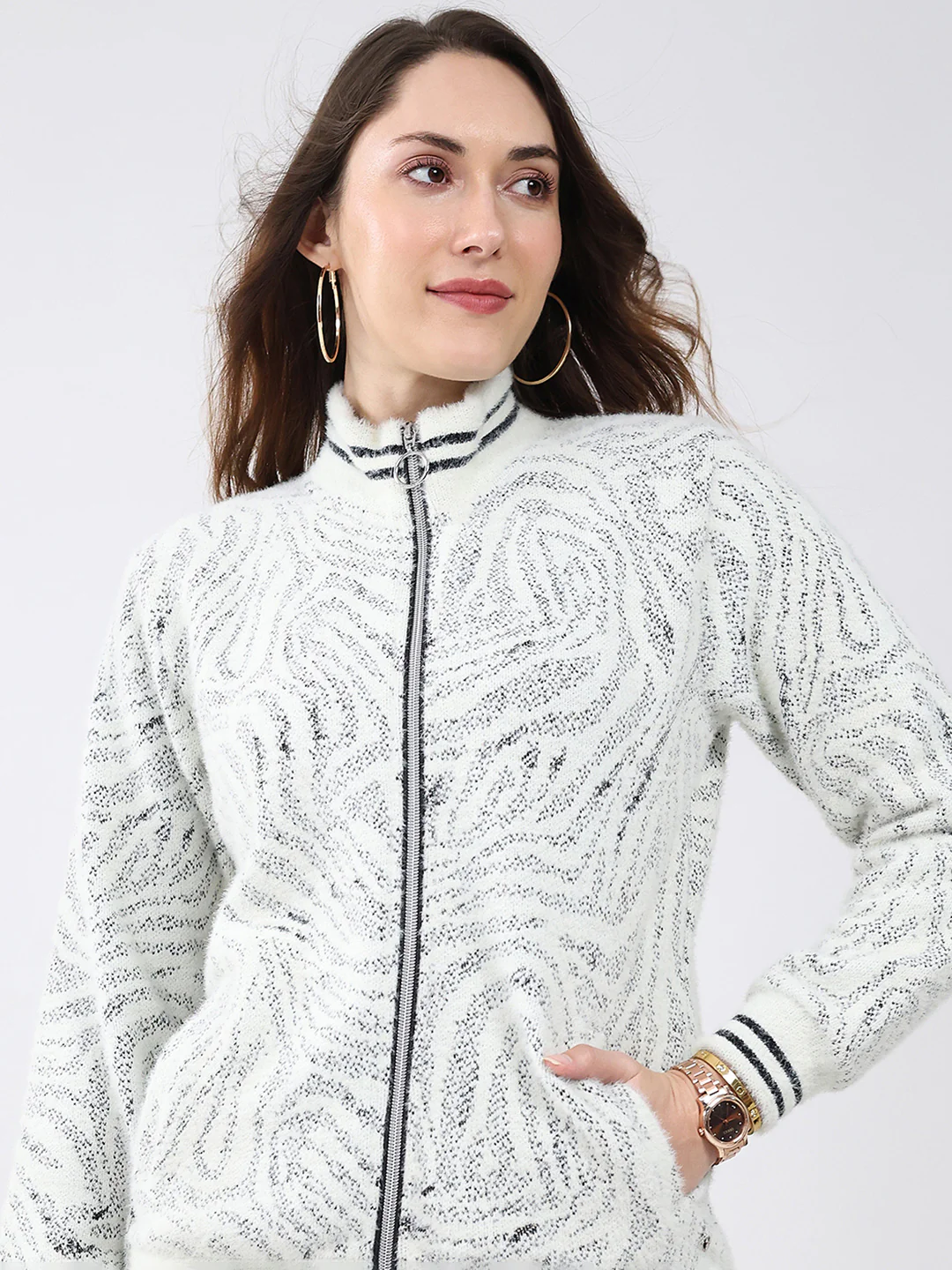 Women White Self Design Mock Neck Full Sleeve Sweatshirt - Image 7