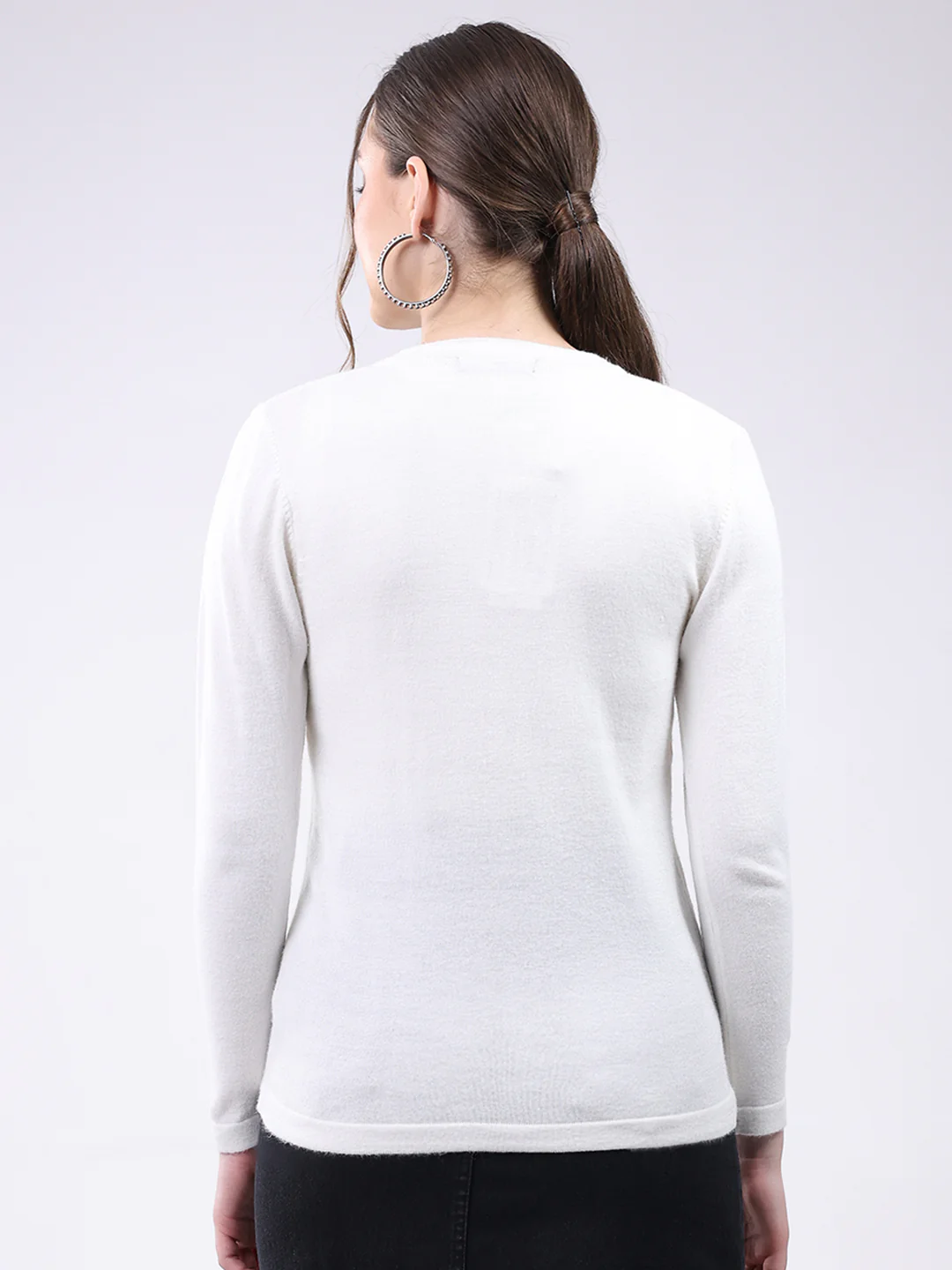 Women White Self Design Round Neck Full Sleeve Cardigan - Image 5