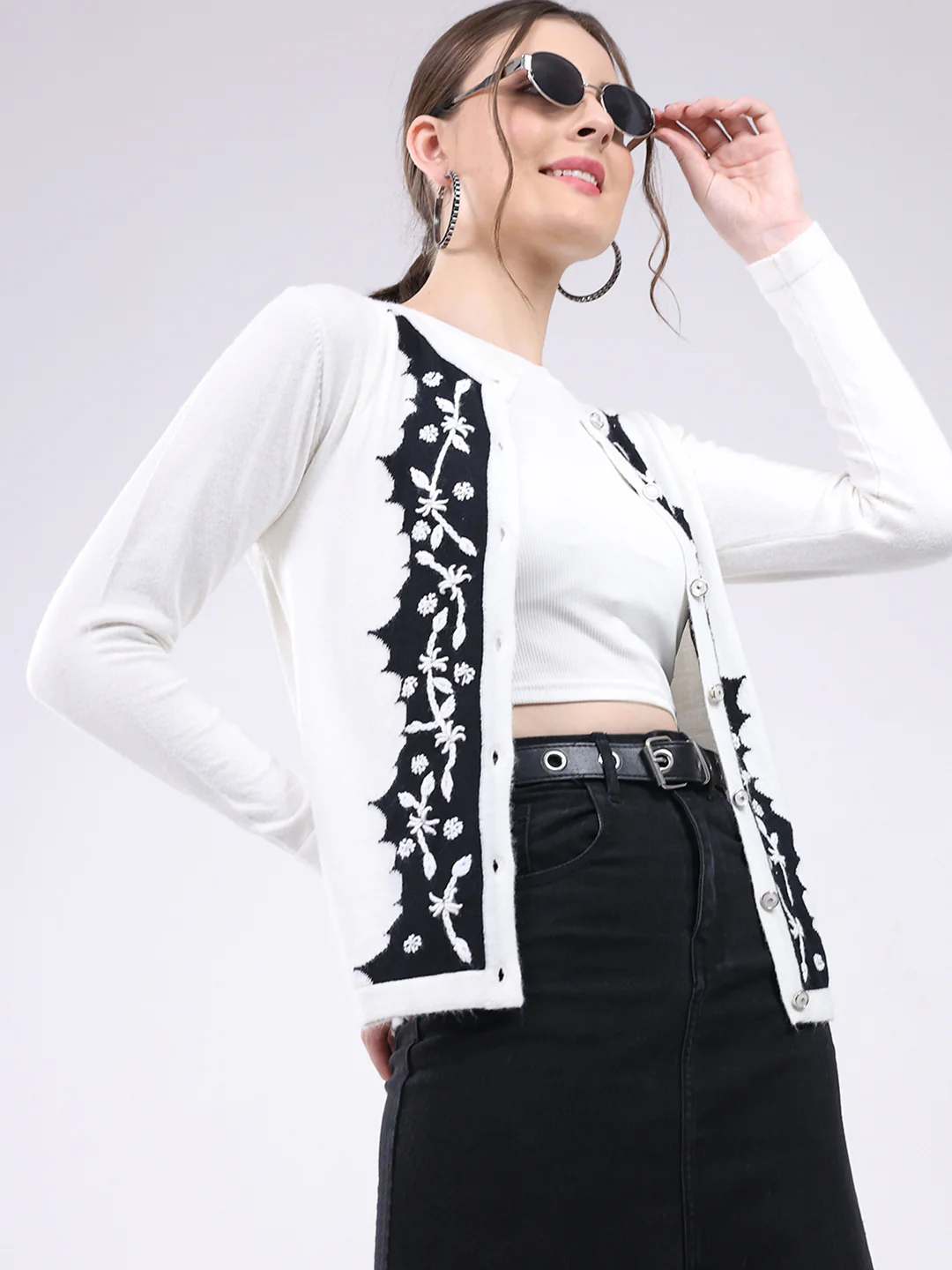 Women White Self Design Round Neck Full Sleeve Cardigan - Image 6