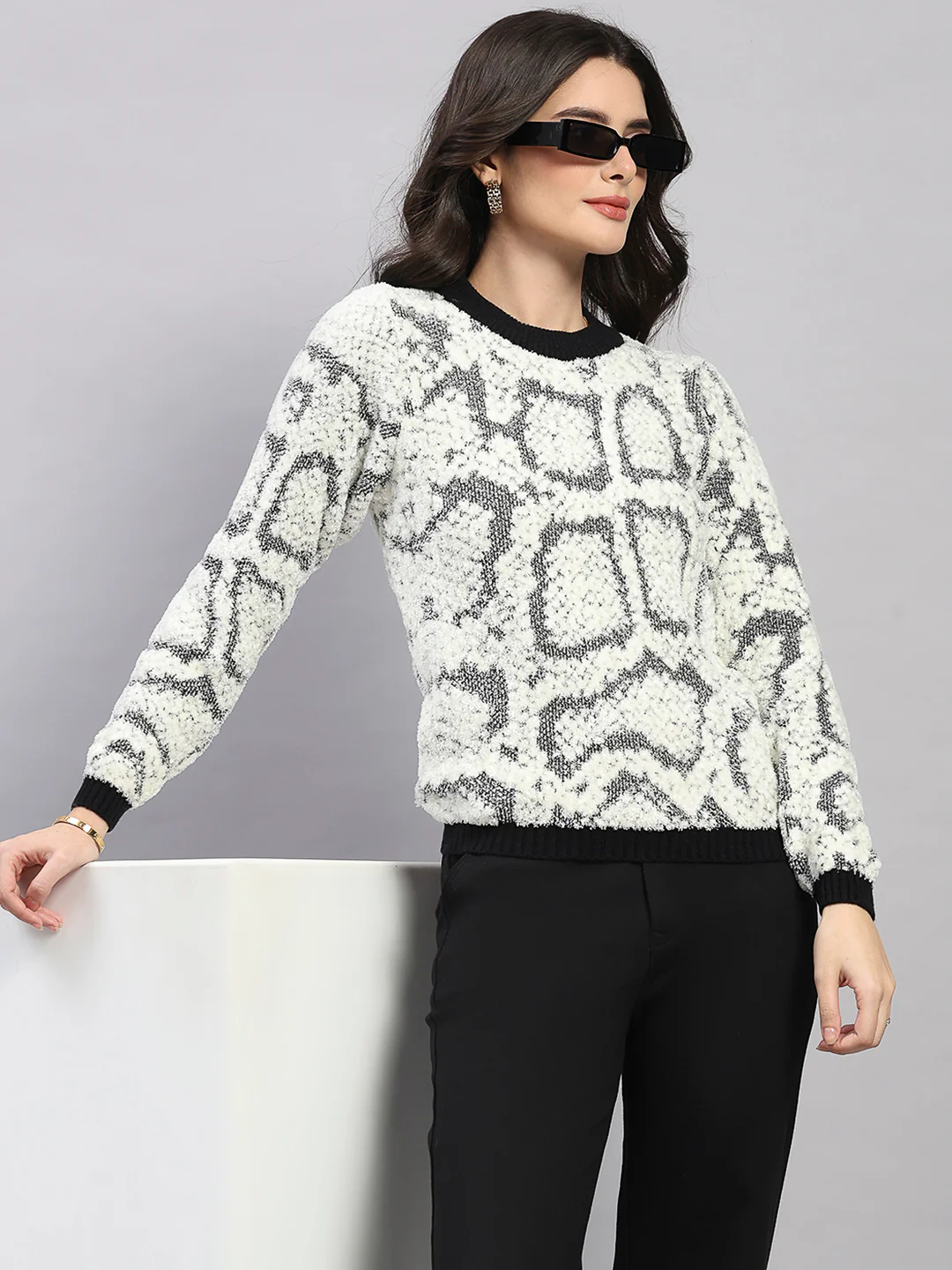 Women White Self Design Round Neck Full Sleeve Winter Top - Image 6