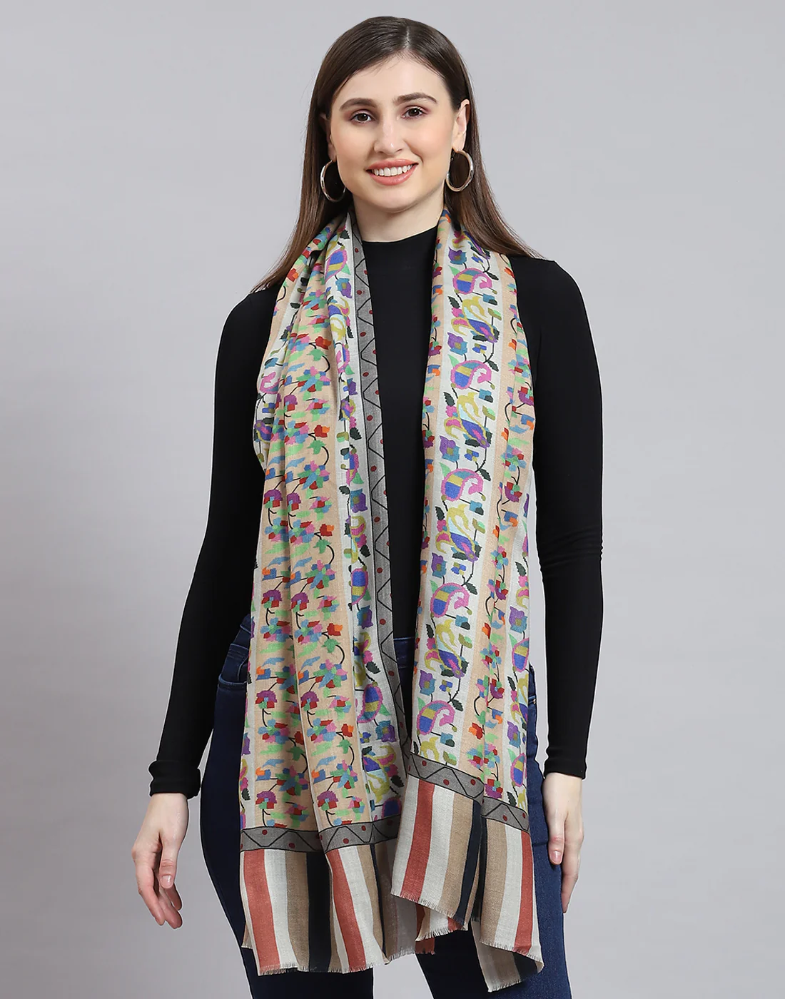 Women White Self Design Shawl - Image 3