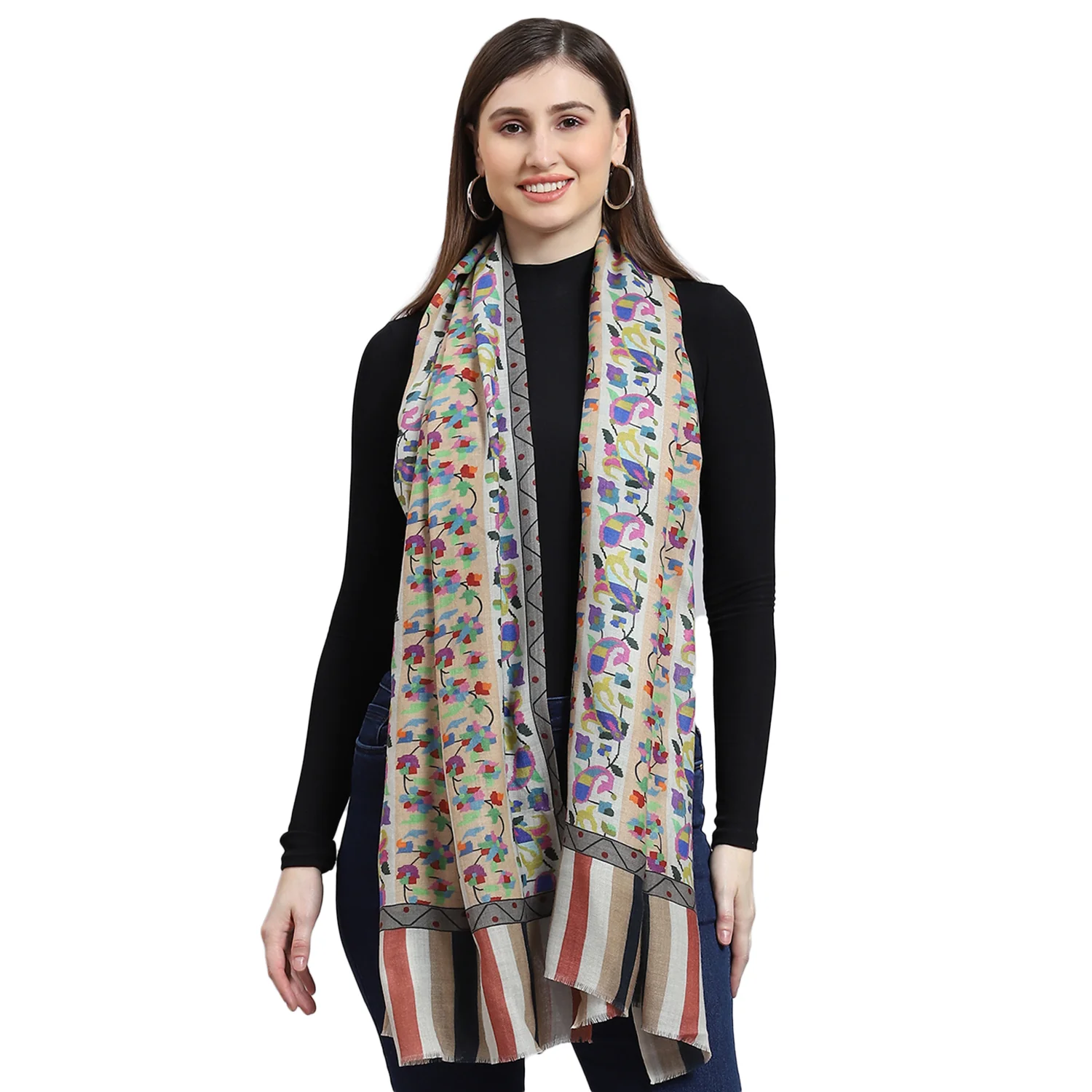 Women White Self Design Shawl - Image 6