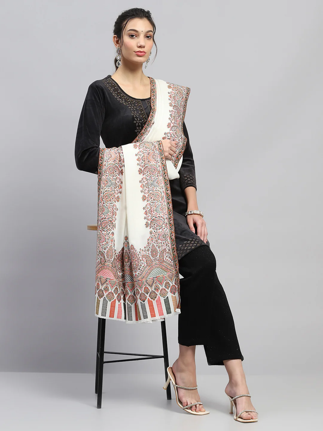 Women White Self Design Shawl - Image 5