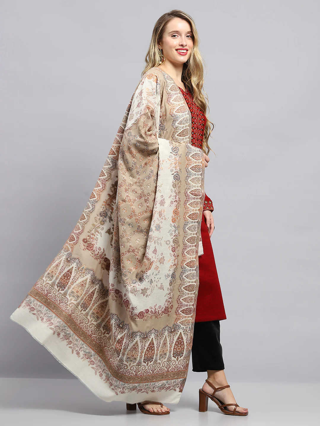 Women White Self Design Shawl - Image 4