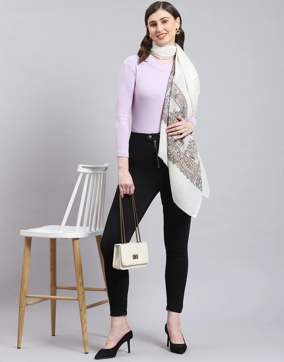 Women White Self Design Stole - Image 2
