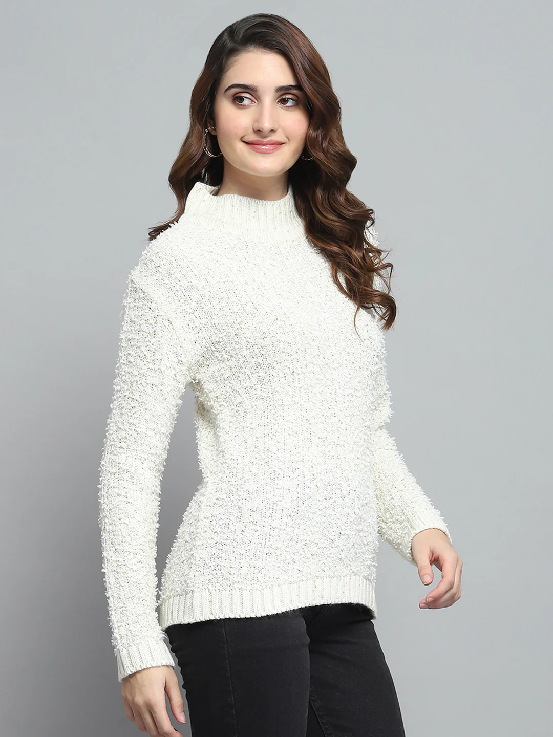 Women White Self Design Turtle Neck Full Sleeve Winter Tops - Image 4