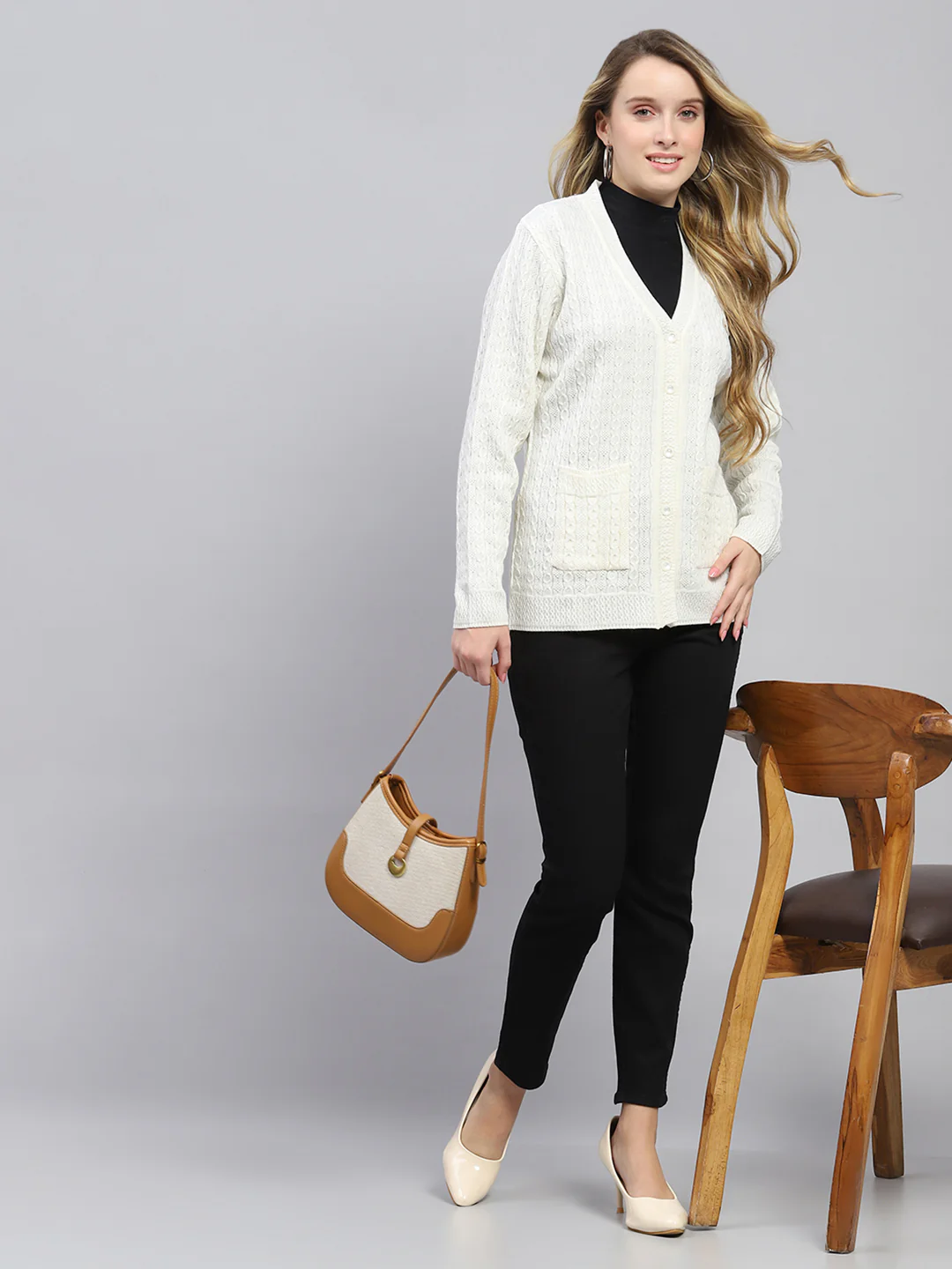 Women White Self Design V Neck Full Sleeve Cardigan - Image 2
